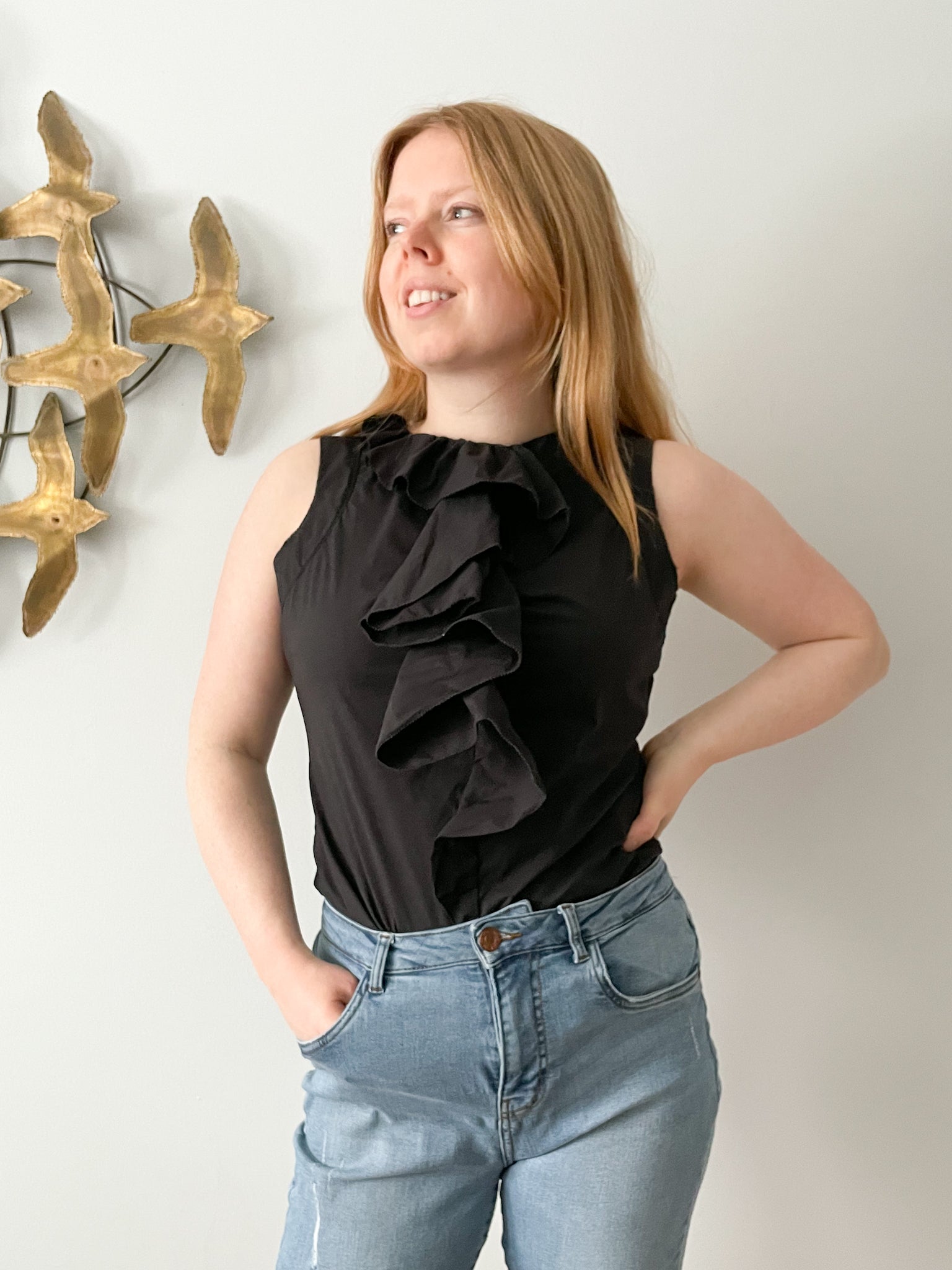 Ruffle Split Front Top in Black