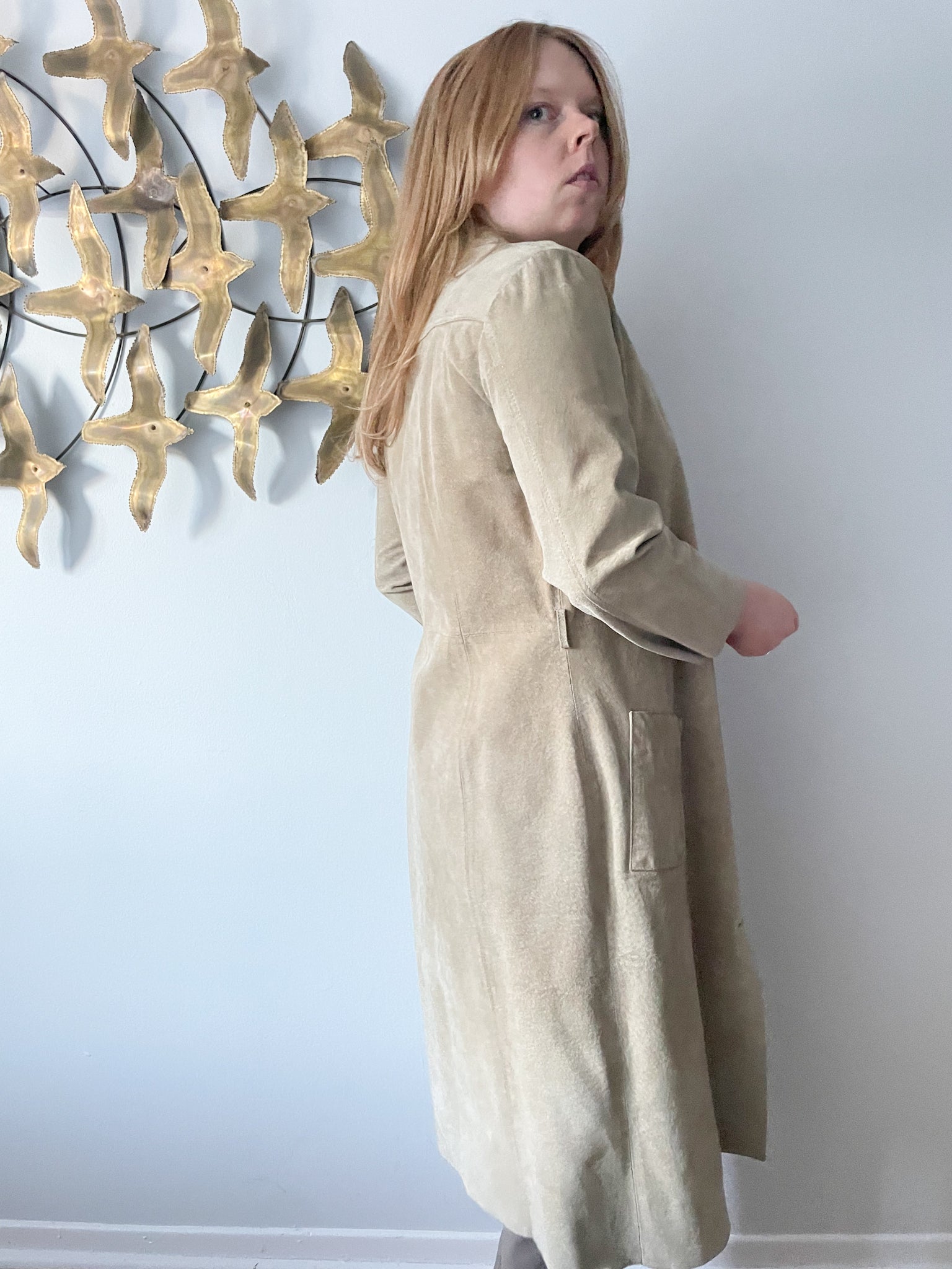 Claudie Pierlot Beige Genuine Suede Mid Length Straight Coat