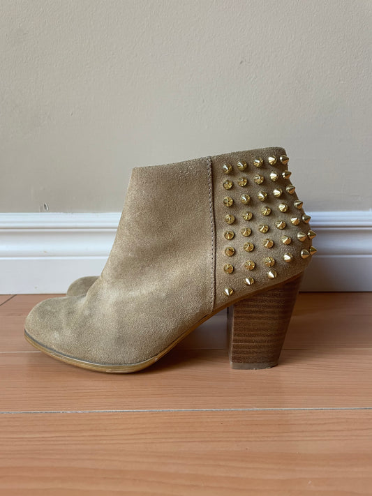 Zara Woman Beige Genuine Suede Gold Studded Heel Boots - Size 37