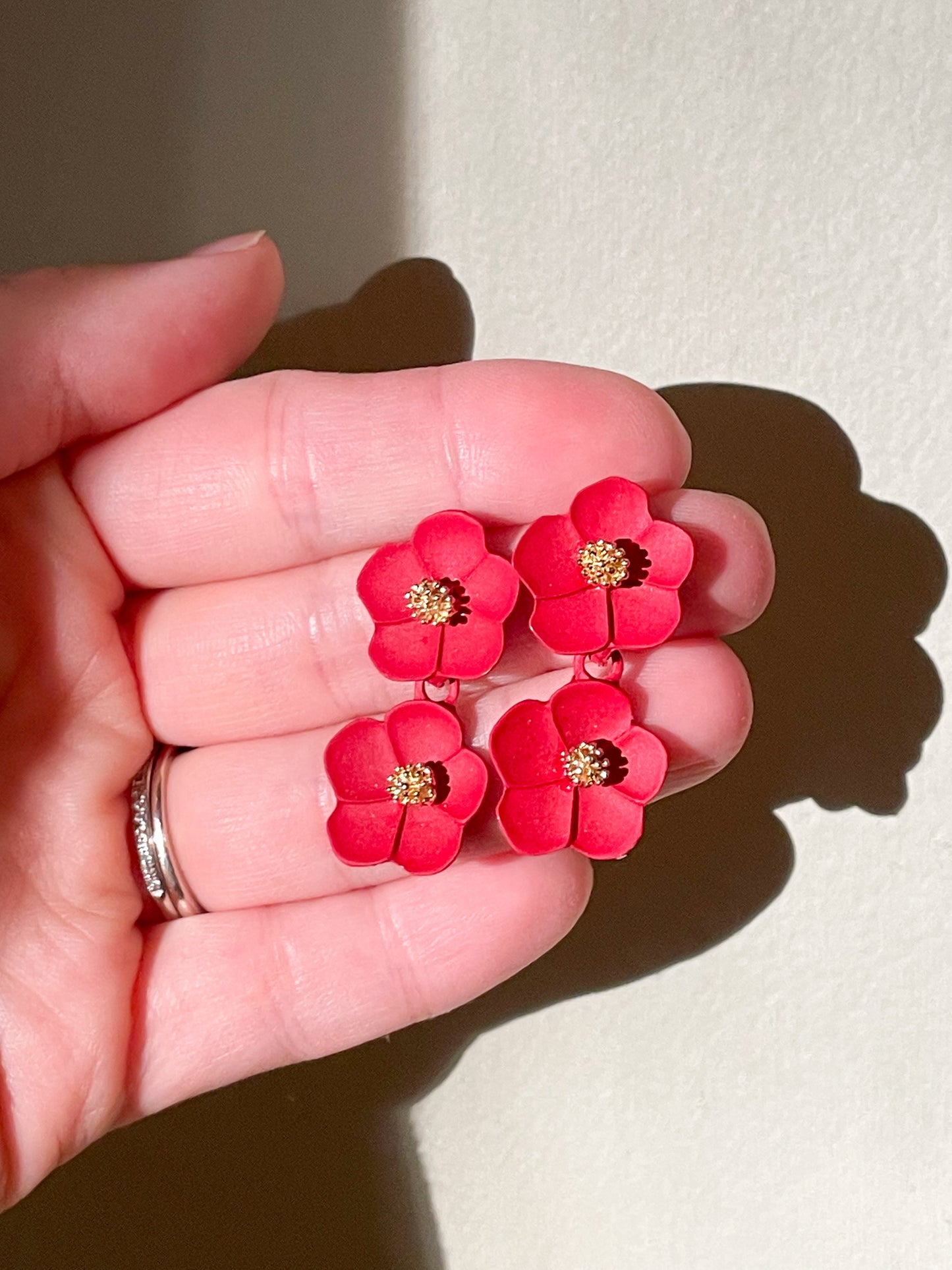 Red Gold Double Flower Dangle Earrings