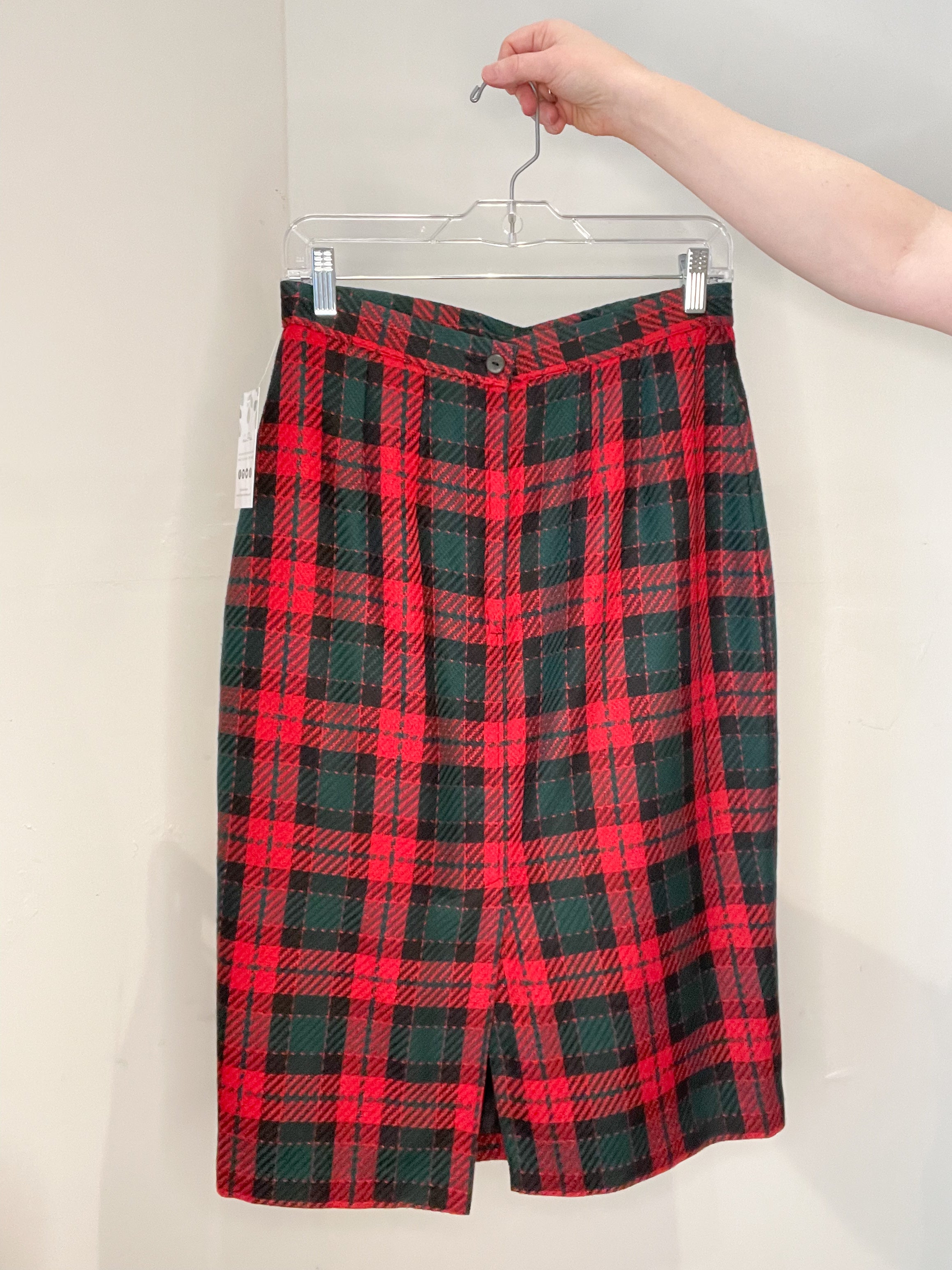 Vintage Marks Spencer Red Plaid Wool Blend Midi Pencil Skirt Small