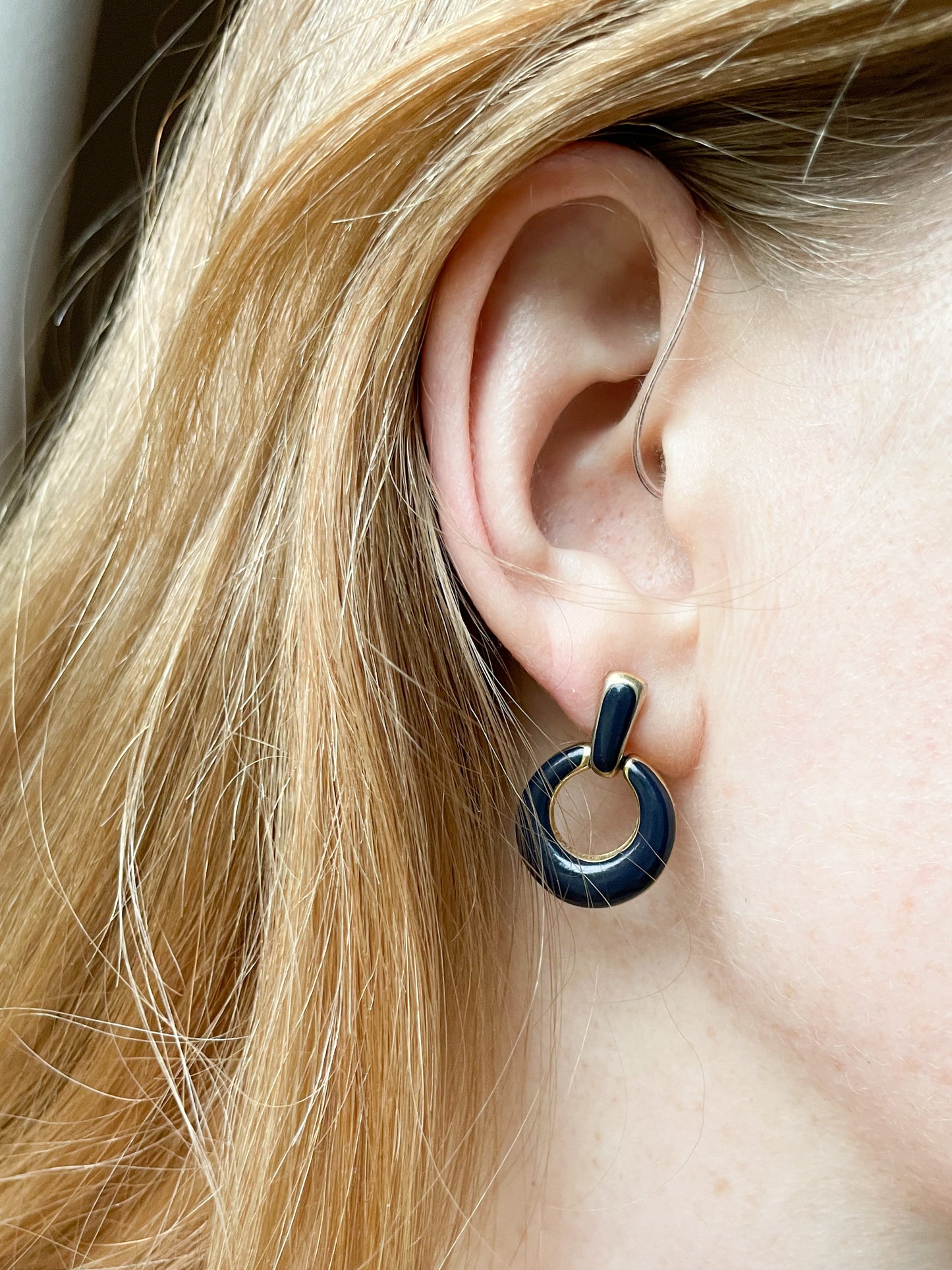 Navy and Gold Bar Drop Hoop Earrings