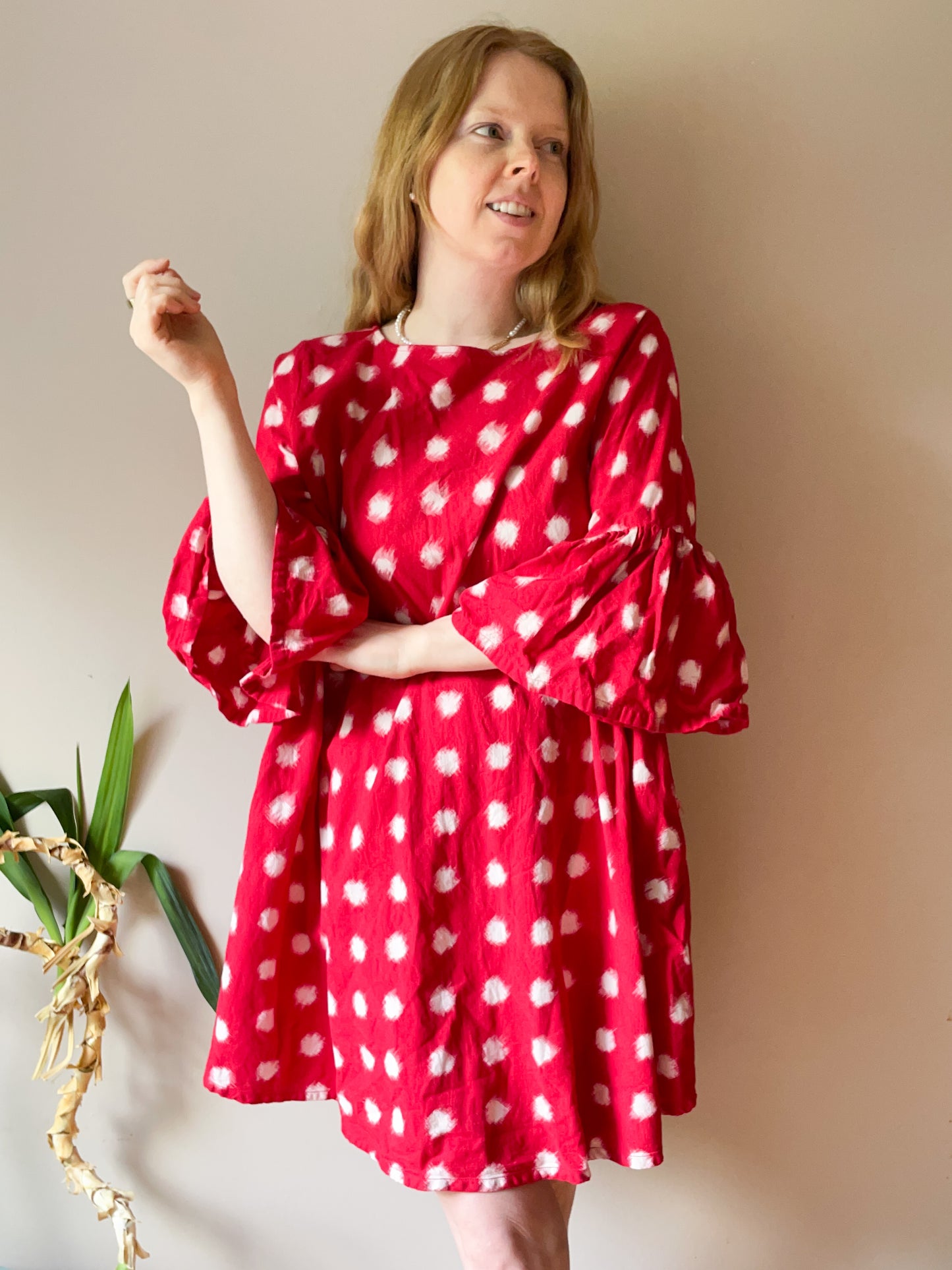 Norblack Norwhite Red Polkadot A-Line 100% Cotton Ruffle Sleeve Dress - M/L/XL/XXL