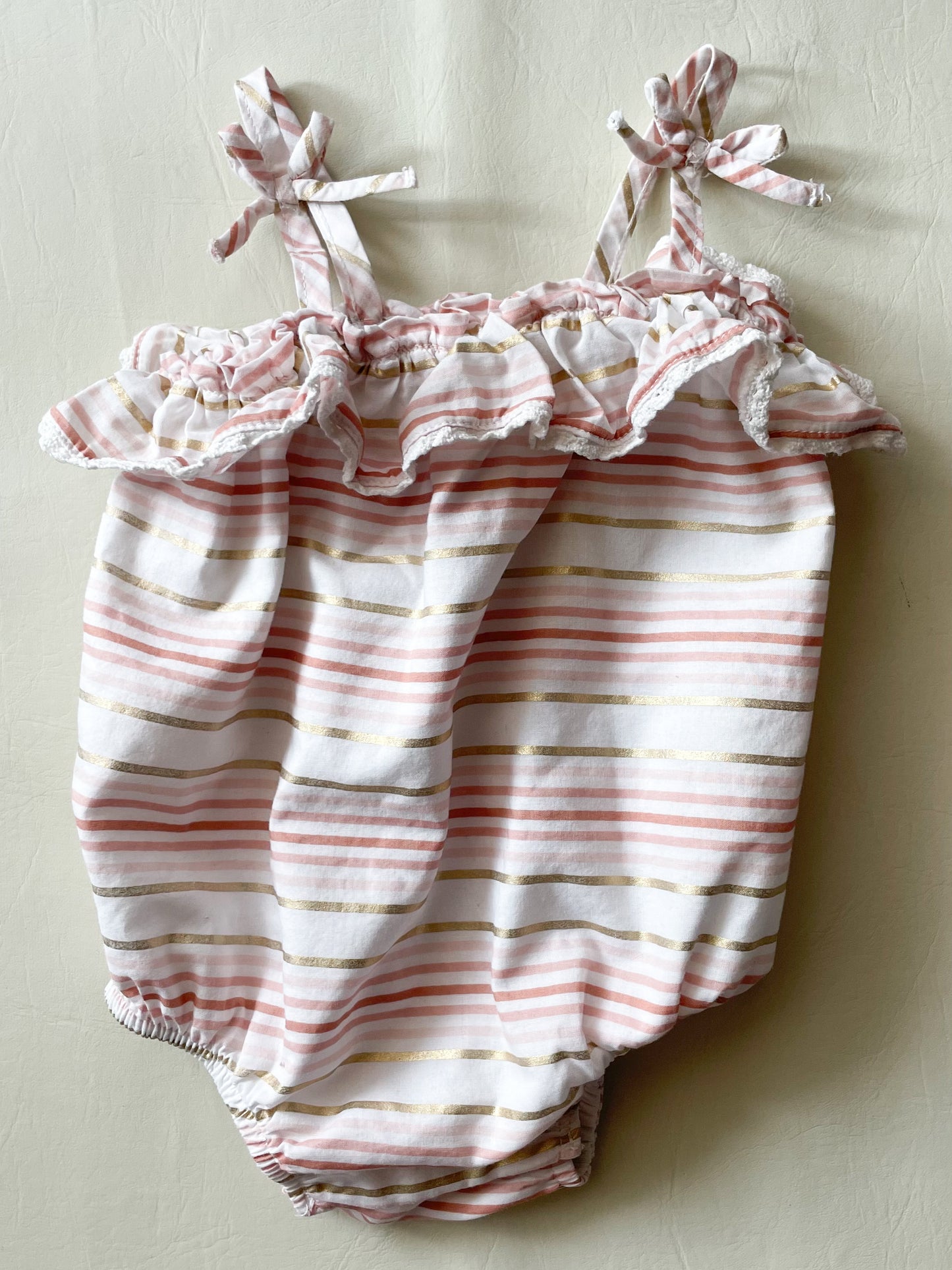 Dylan & Abby Pink Gold Stripe Cotton Ruffle Bow Baby Bodysuit - 0-3 Months