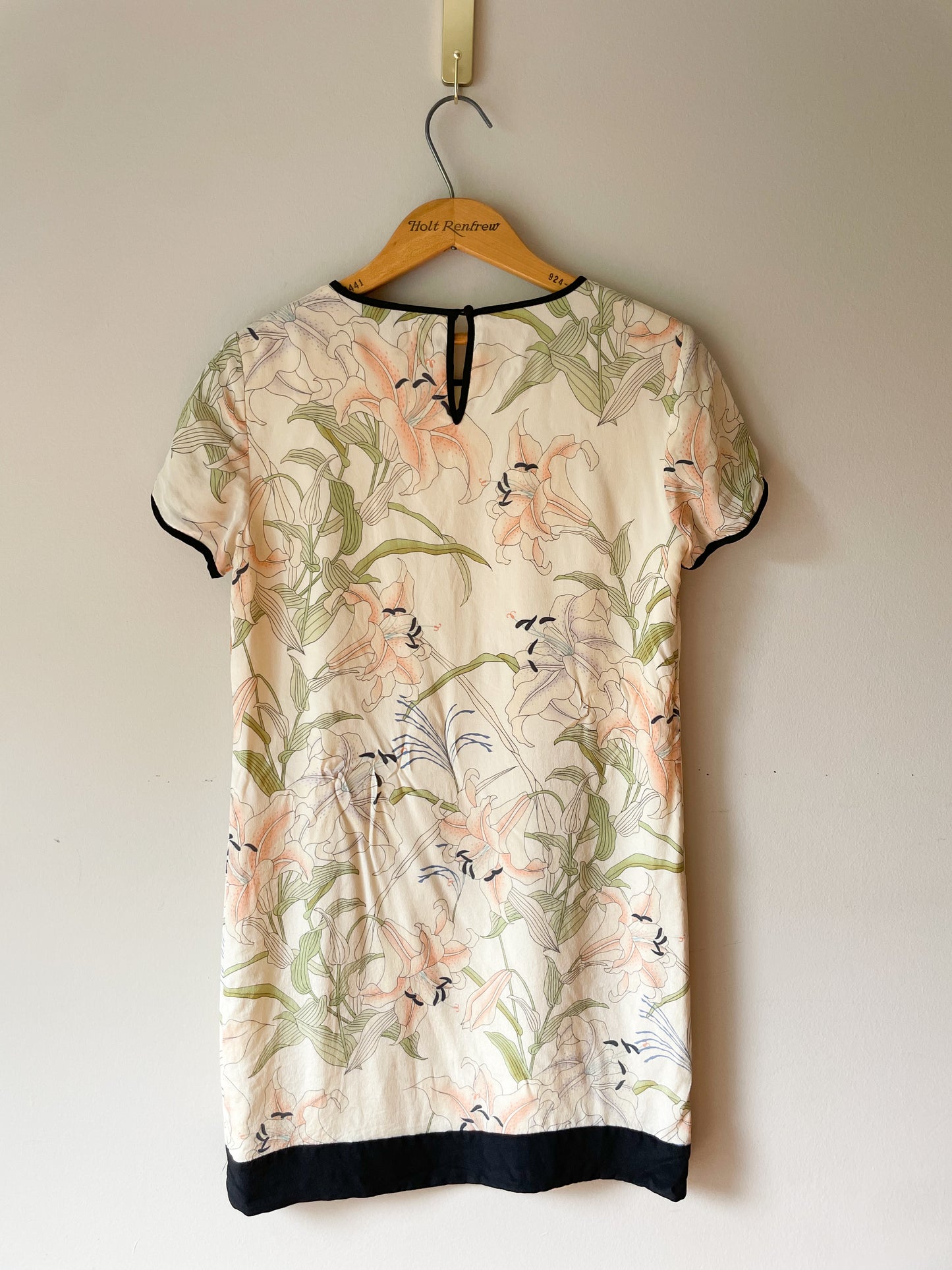 French Connection Silk Cream Lily Floral Print Shift Dress - Small