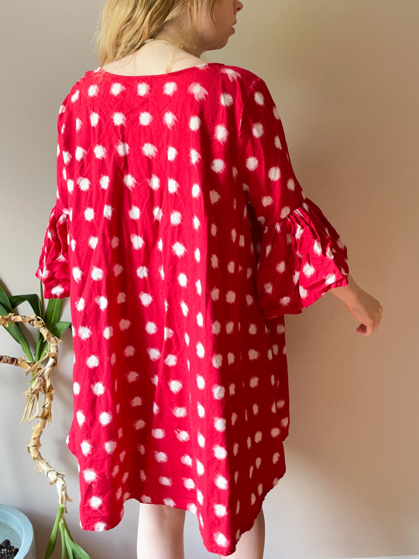 Norblack Norwhite Red Polkadot A-Line 100% Cotton Ruffle Sleeve Dress - M/L/XL/XXL