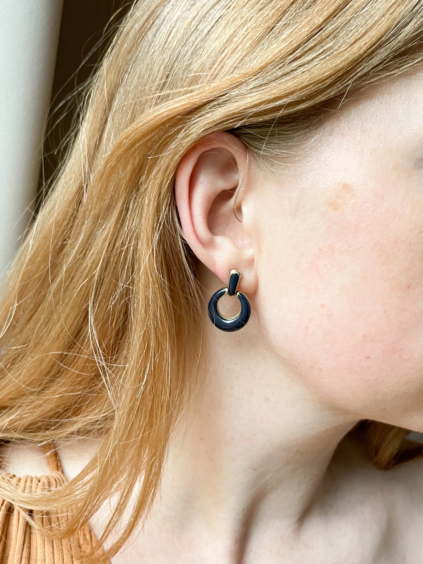 Navy and Gold Bar Drop Hoop Earrings