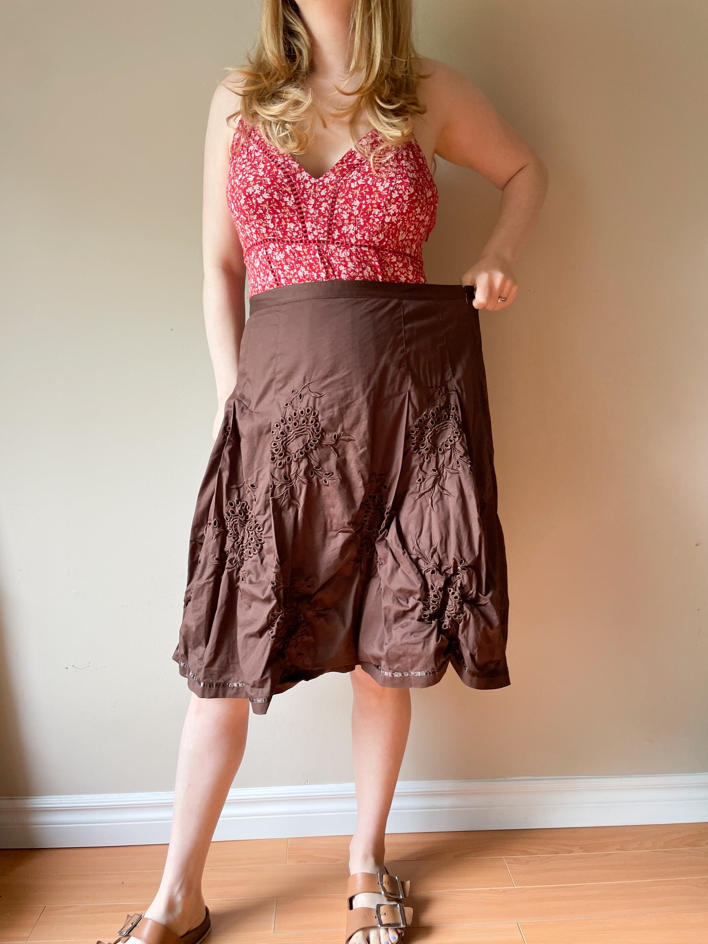 TOGO Brown Eyelet Cotton Stretch A-Line Skirt - Size 12