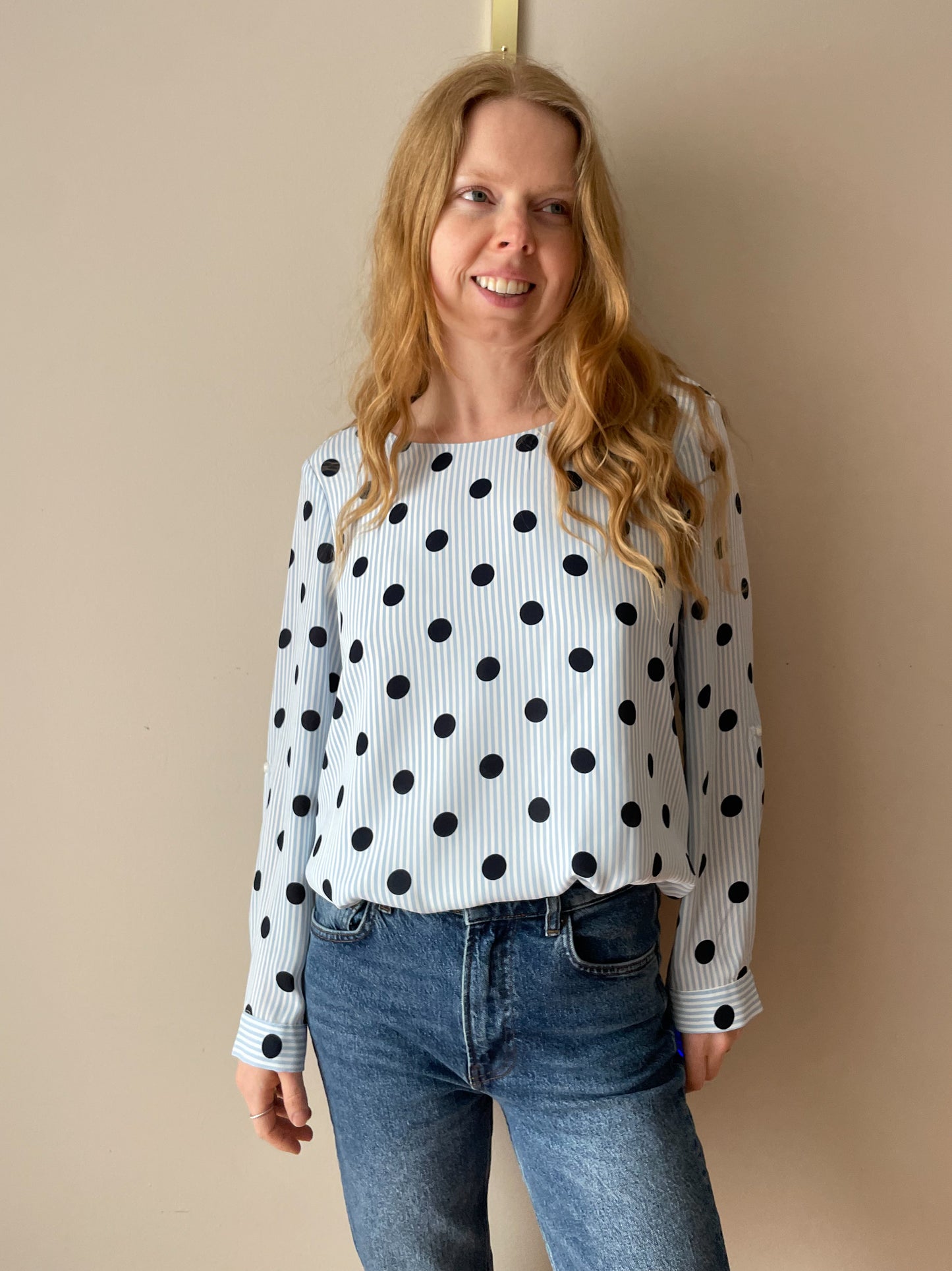 Cleo Petites Blue Stripe Polkadot Blouse Top - M/L