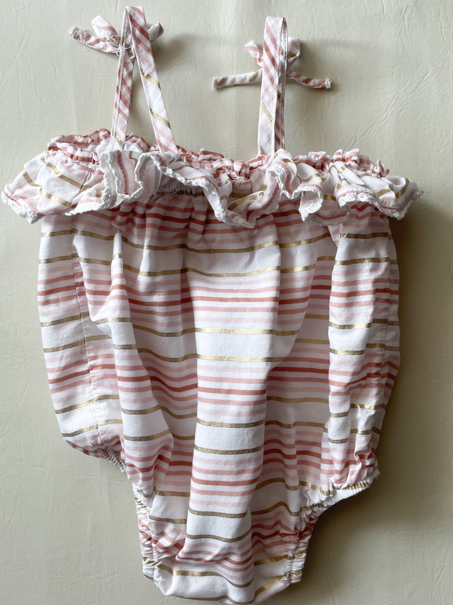 Dylan & Abby Pink Gold Stripe Cotton Ruffle Bow Baby Bodysuit - 0-3 Months