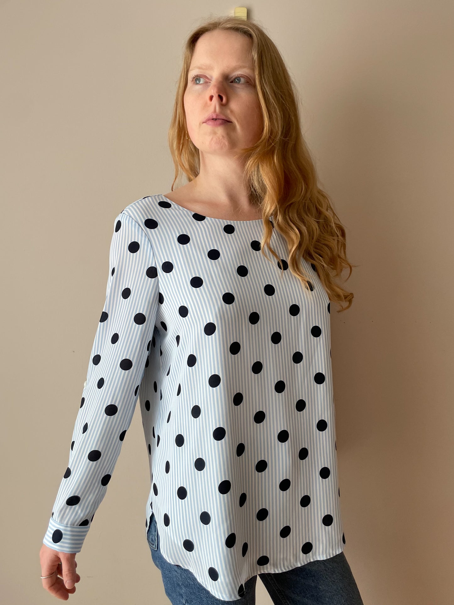 Cleo Petites Blue Stripe Polkadot Blouse Top - M/L