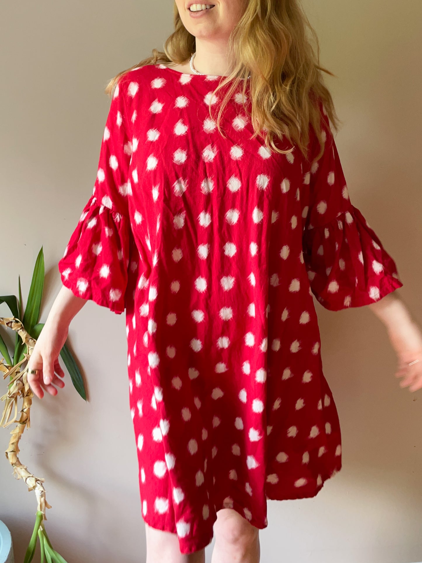 Norblack Norwhite Red Polkadot A-Line 100% Cotton Ruffle Sleeve Dress - M/L/XL/XXL