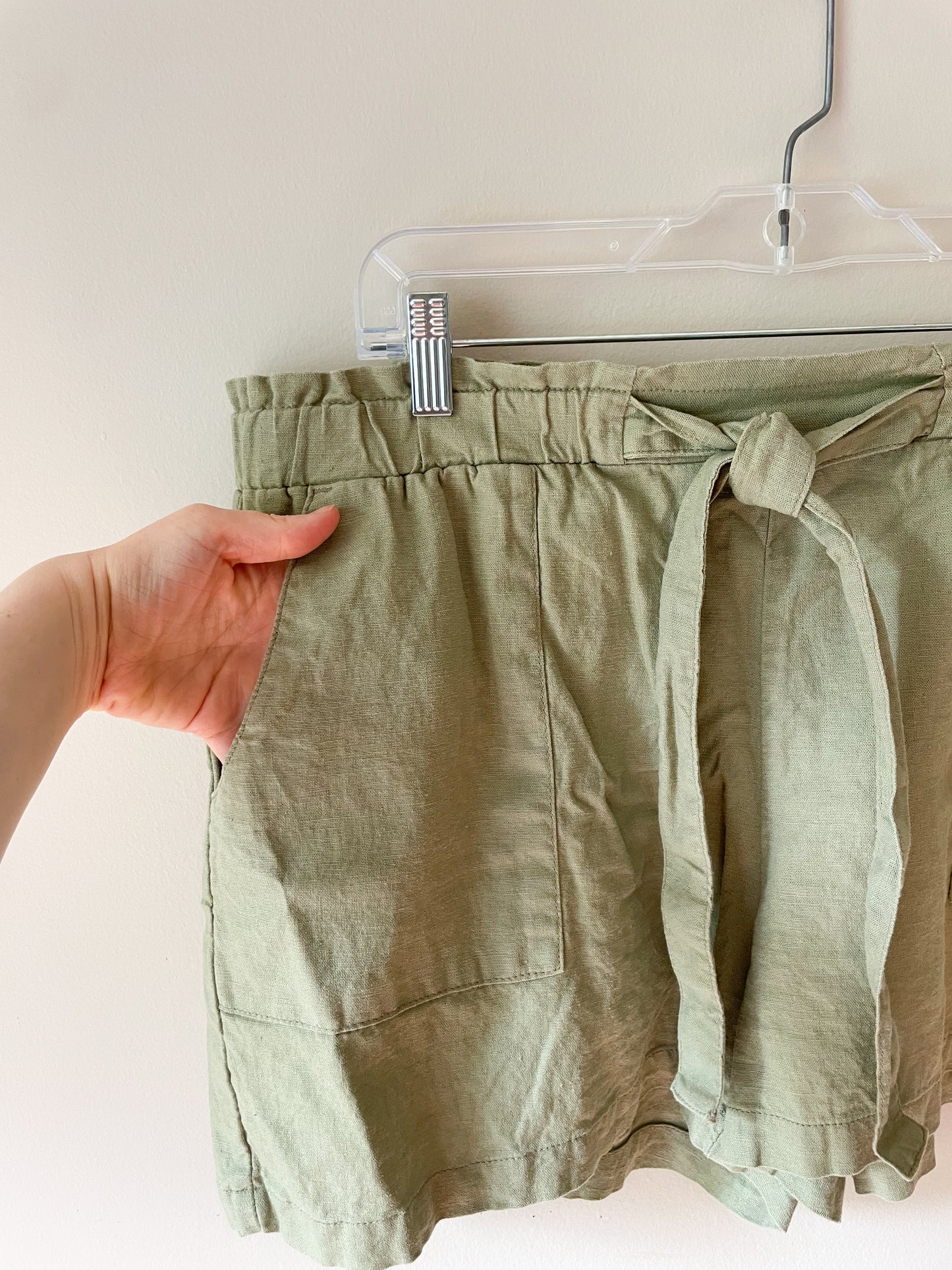 Sage Green Linen Waist Tie Shorts - XL/XXL