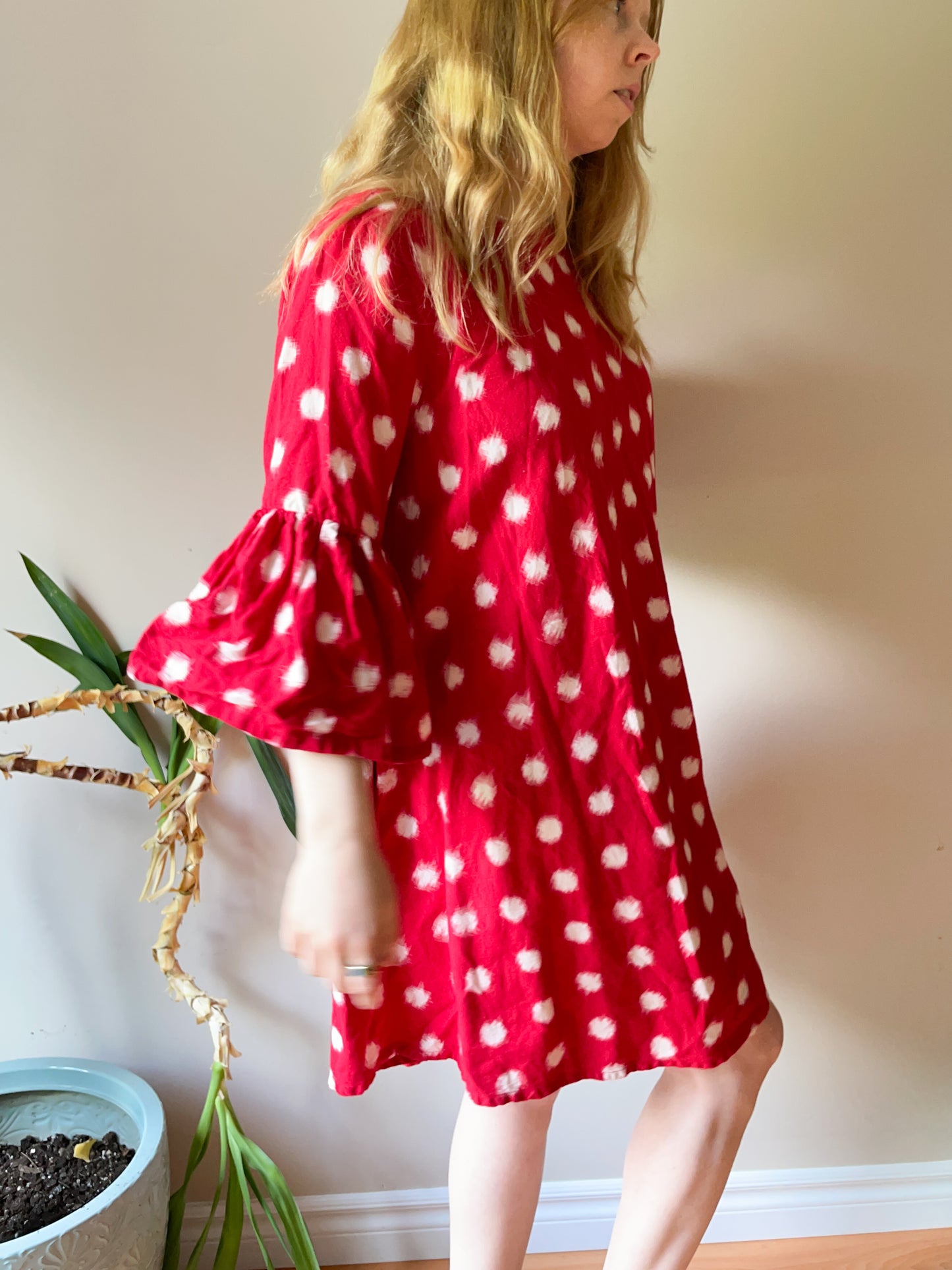 Norblack Norwhite Red Polkadot A-Line 100% Cotton Ruffle Sleeve Dress - M/L/XL/XXL