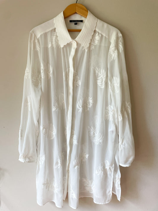 Melanie Lyne Sheer White Embroidered Palm Print Tunic Cover Up Button Front Shirt - Size 14
