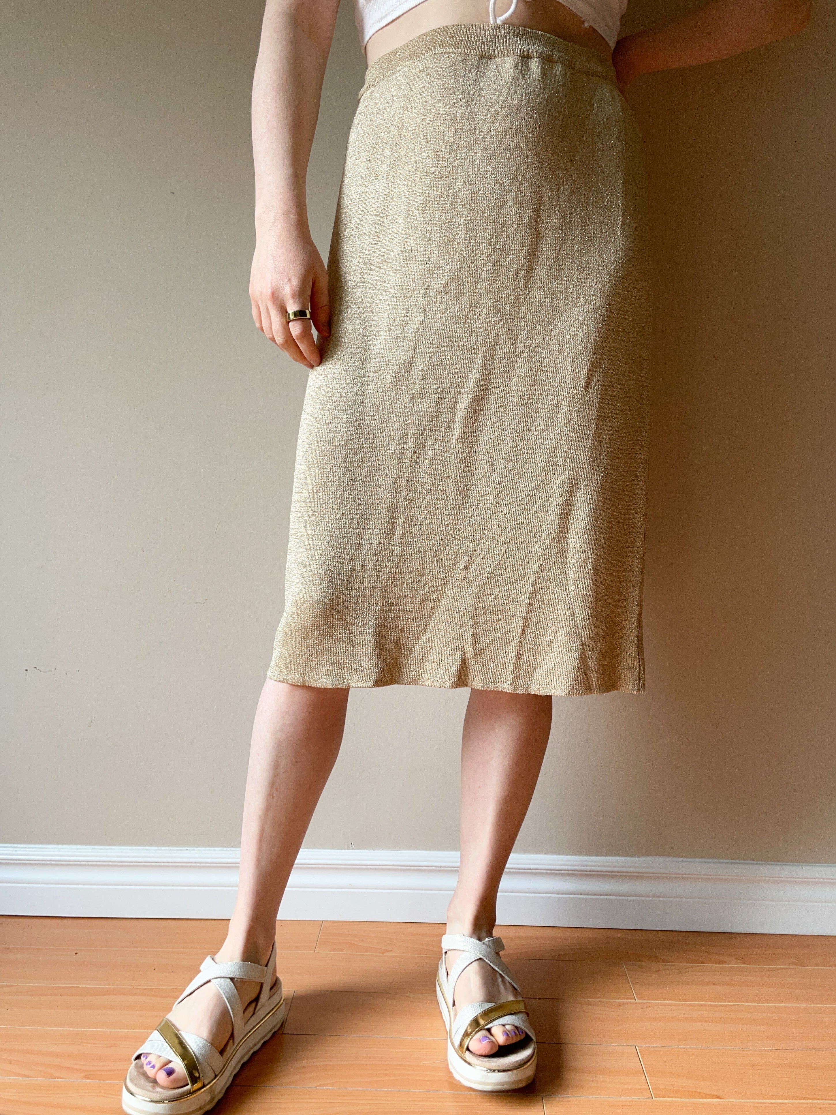 Spanner Gold Metallic Knit Skirt Large Le Prix Fashion Consulting