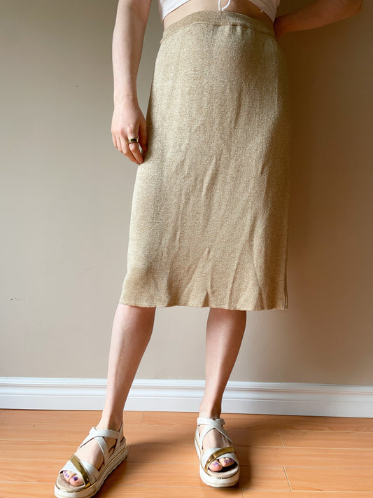 Vintage Spanner Gold Metallic Knit Skirt - Large