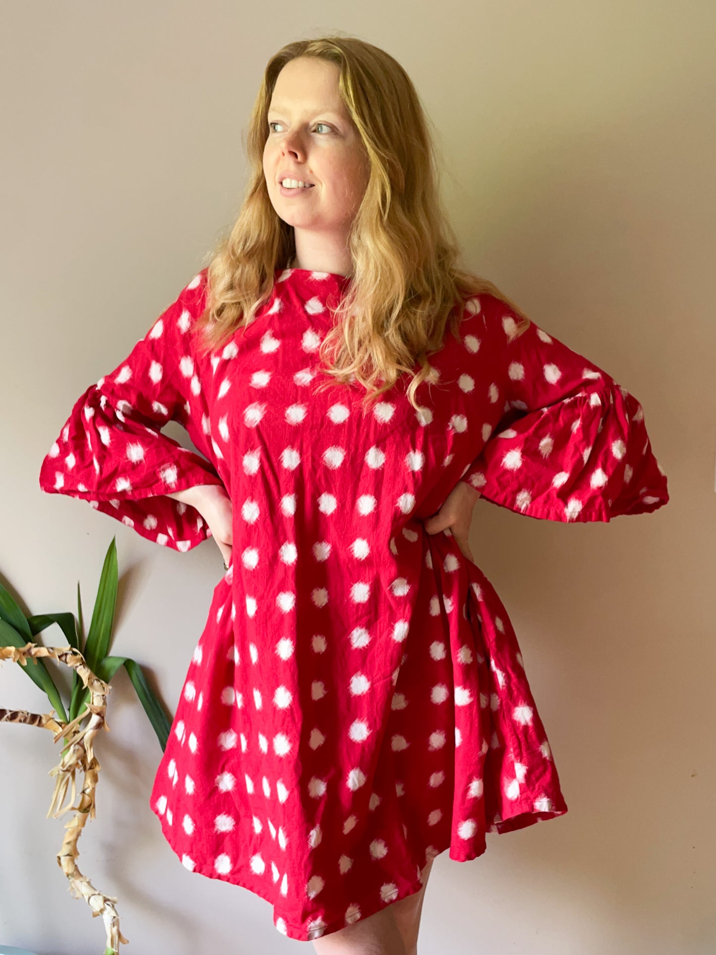 Norblack Norwhite Red Polkadot A-Line 100% Cotton Ruffle Sleeve Dress - M/L/XL/XXL