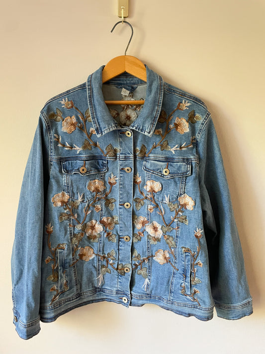 April Cornell Brown Floral Embroidered Jean Jacket - XL