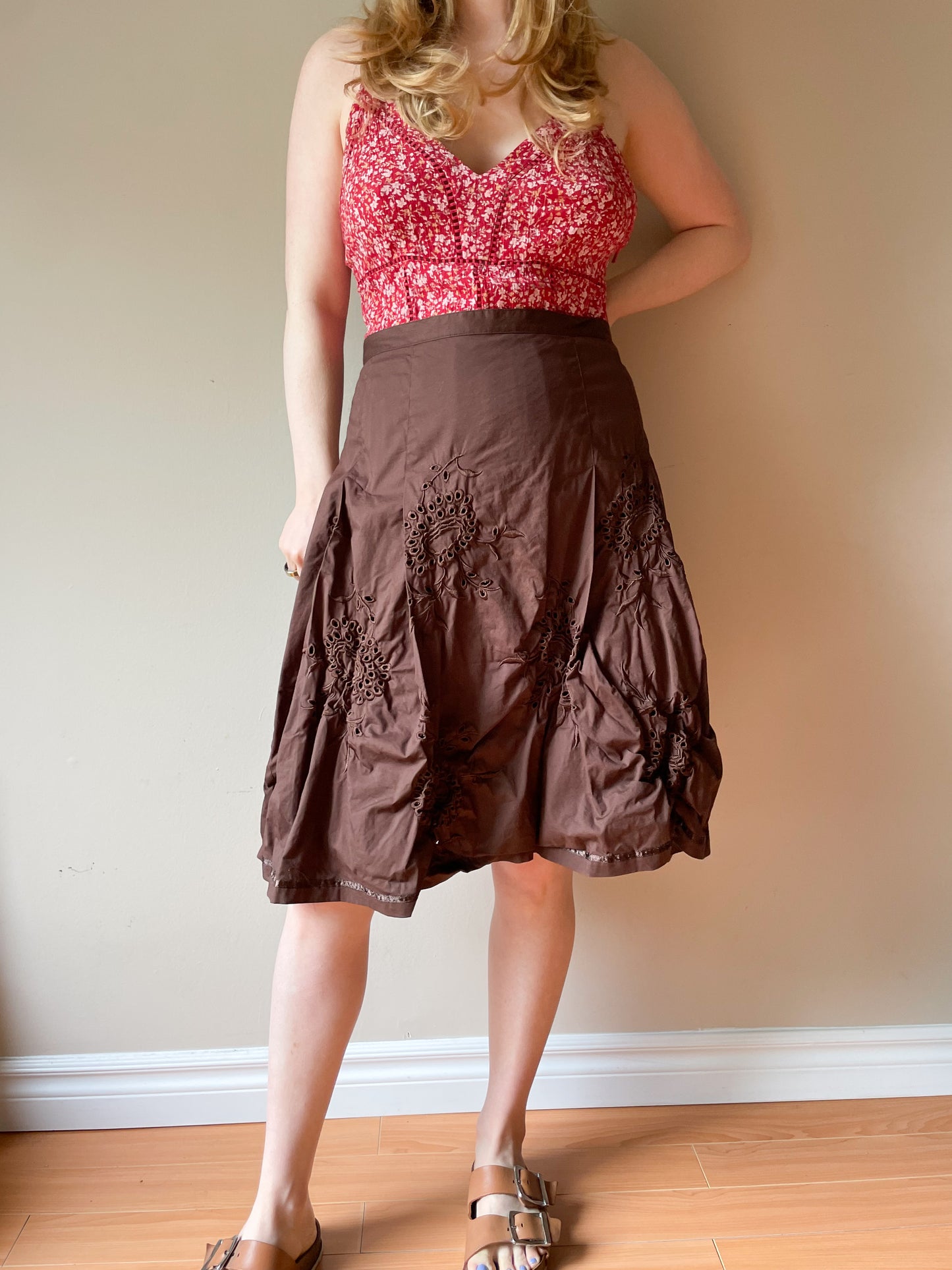 TOGO Brown Eyelet Cotton Stretch A-Line Skirt - Size 12