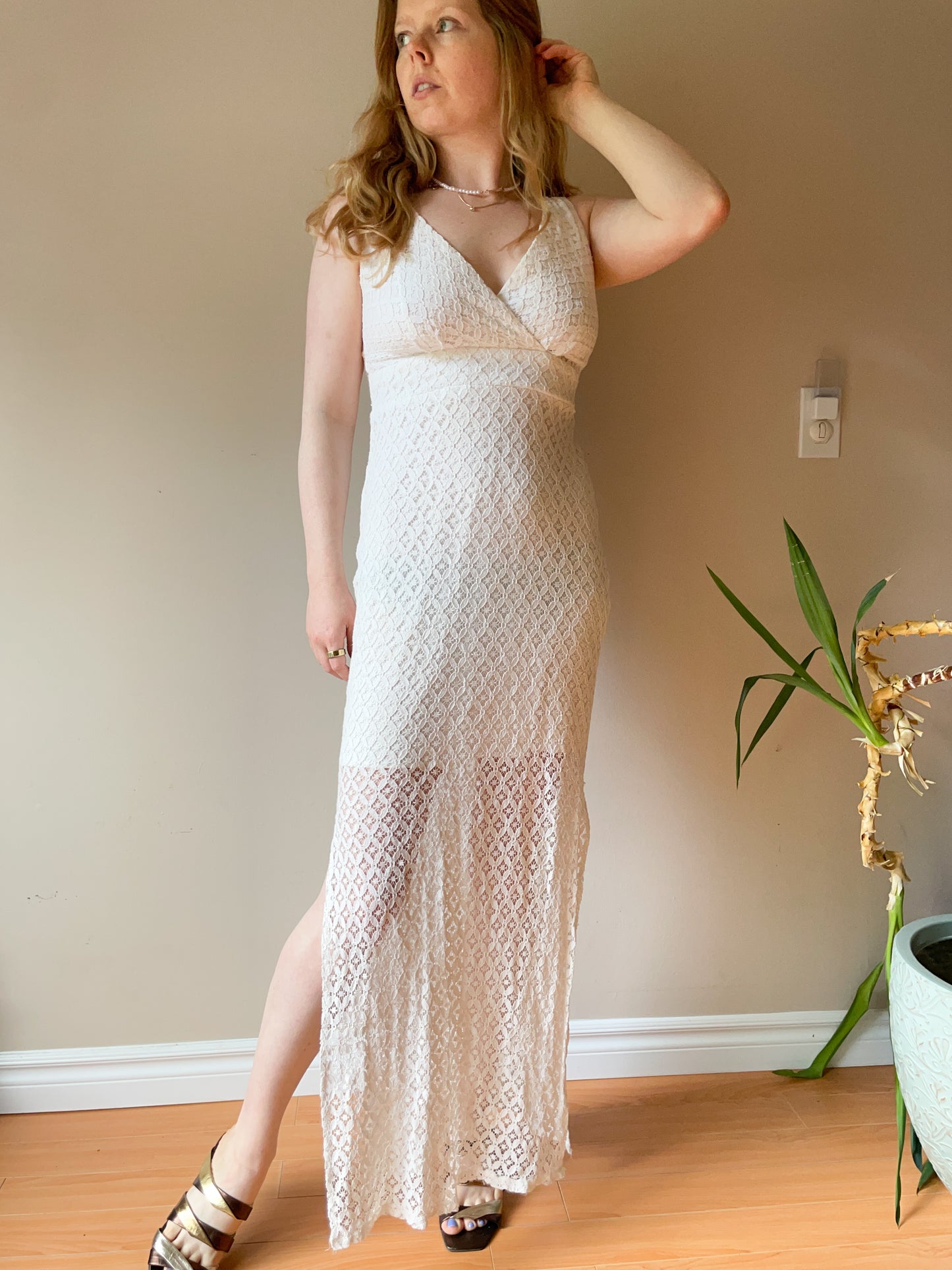 Le Chateau White Lace Maxi Slit Dress - Small