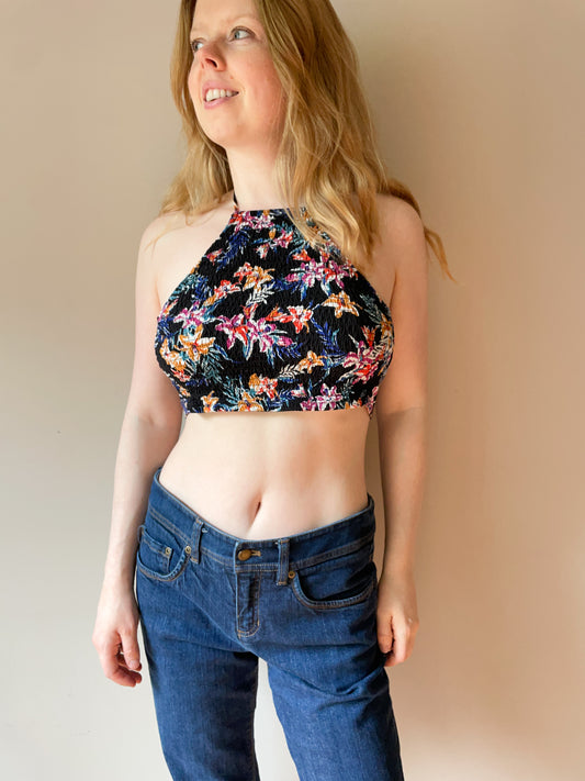 Garage Dark Floral Smocked Halter Cropped Tie Back Top - XS/S