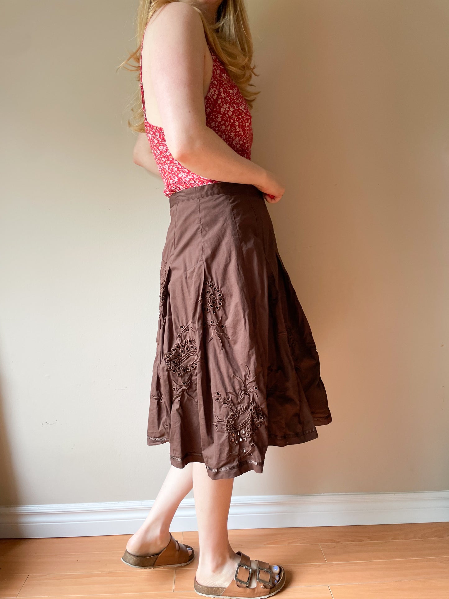 TOGO Brown Eyelet Cotton Stretch A-Line Skirt - Size 12