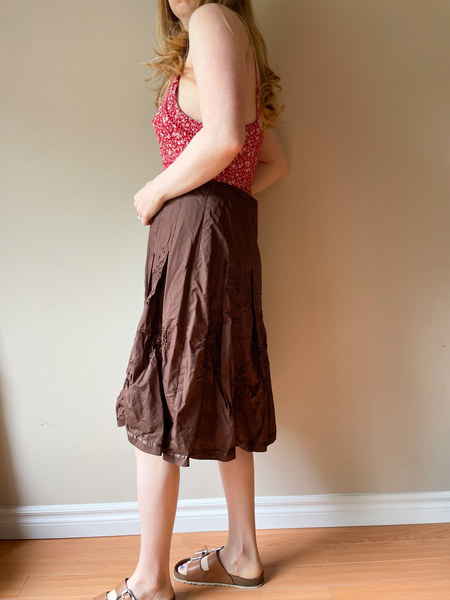 TOGO Brown Eyelet Cotton Stretch A-Line Skirt - Size 12