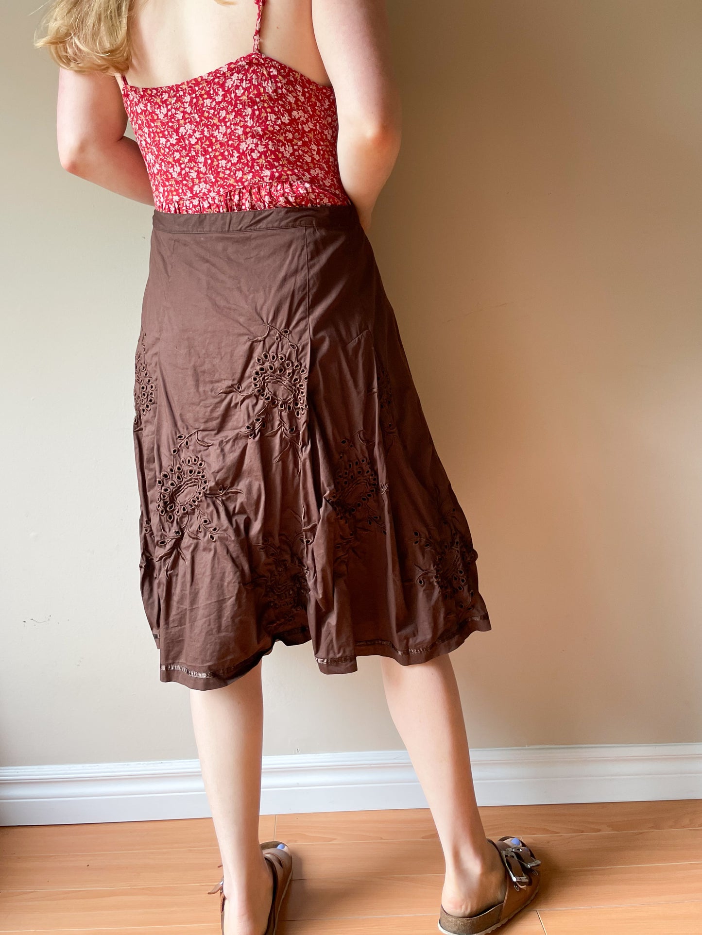 TOGO Brown Eyelet Cotton Stretch A-Line Skirt - Size 12