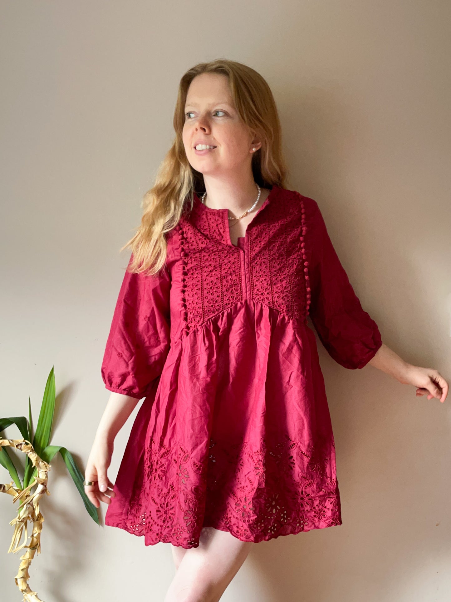 Red Boho Eyelet Cotton Puff Sleeve Mini Dress - Small