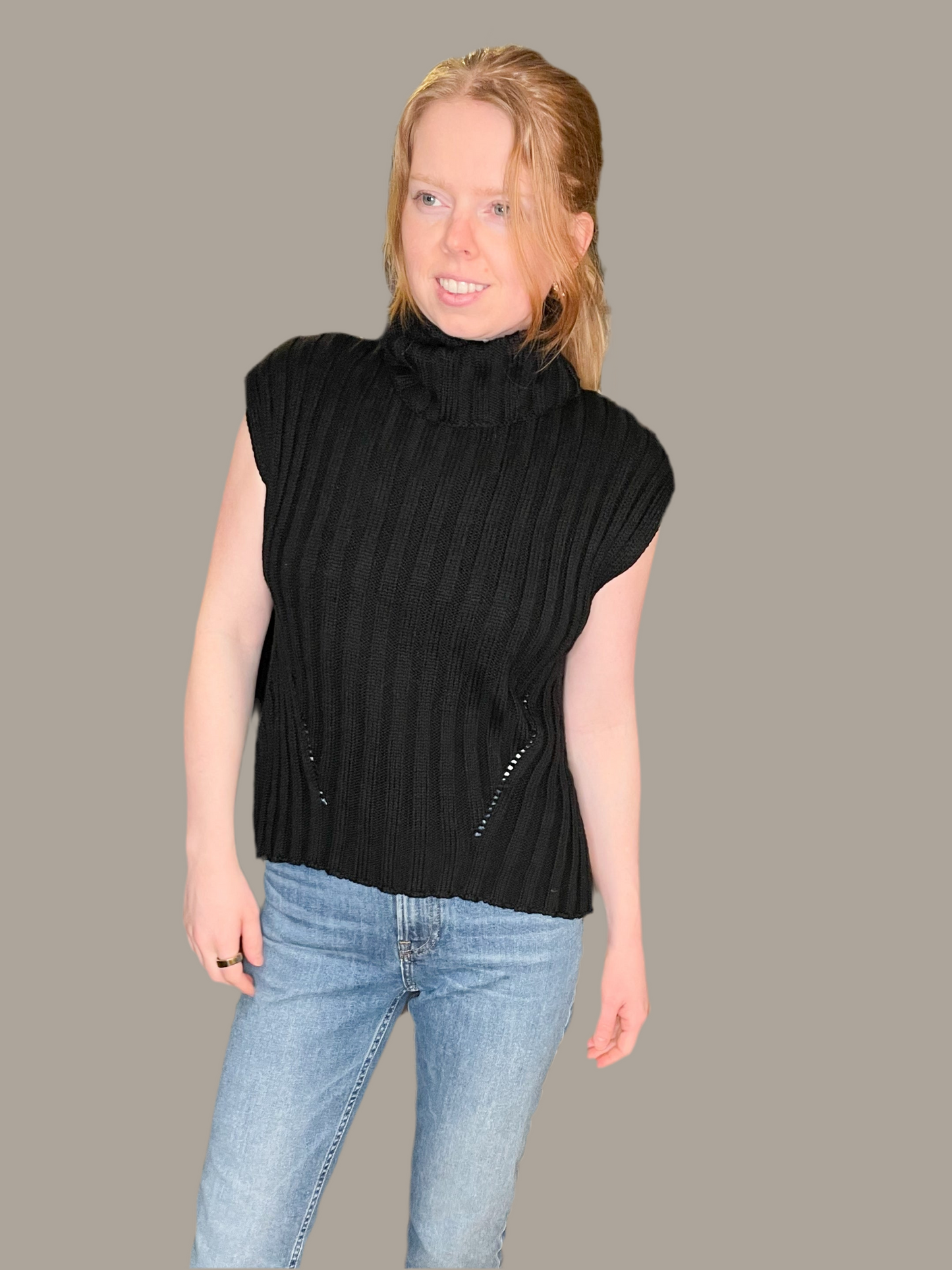 Zara Black Ribbed Knit Wool Blend Turtleneck Sweater Vest - S/M