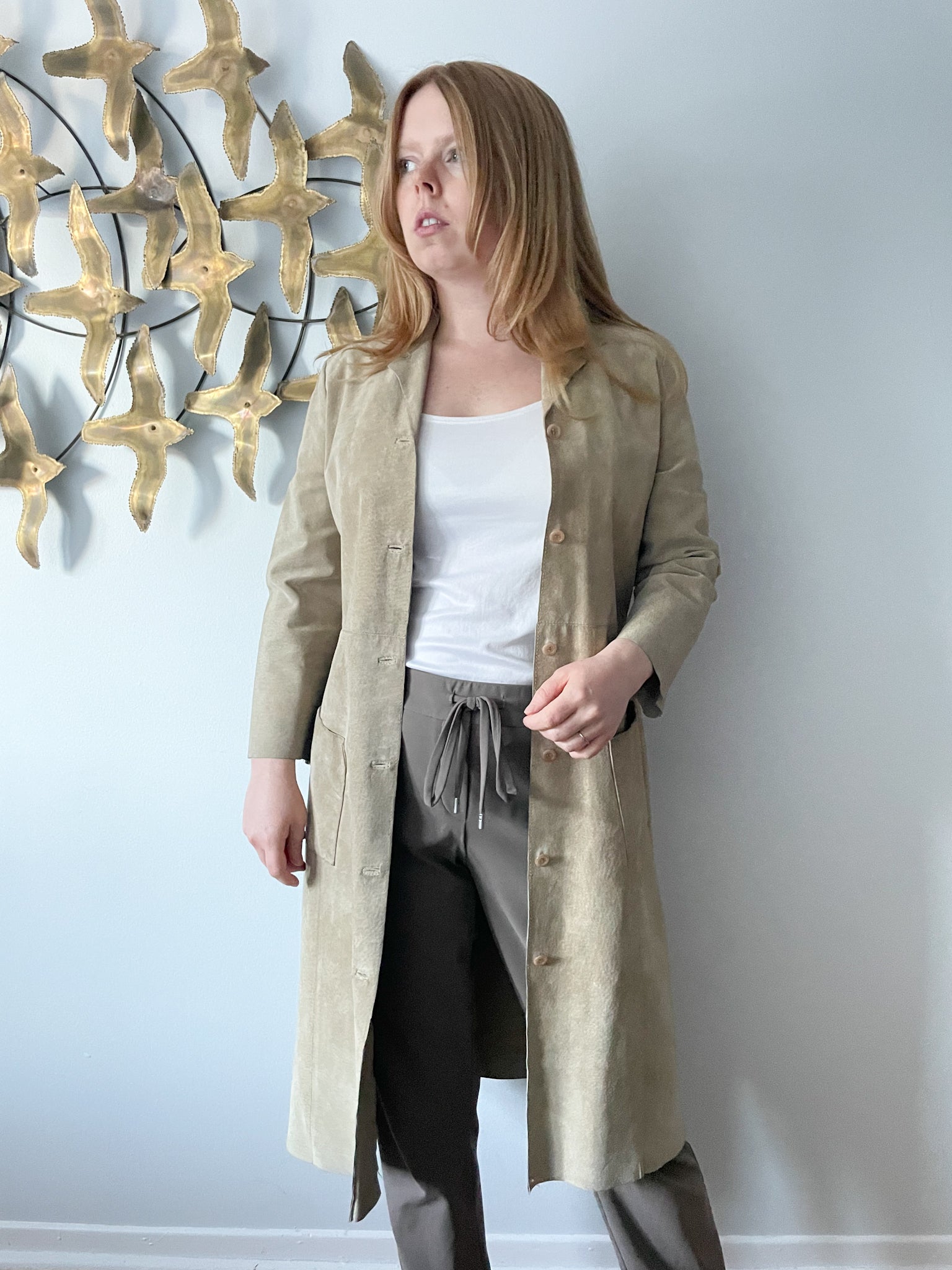 Claudie Pierlot Beige Genuine Suede Mid Length Straight Coat