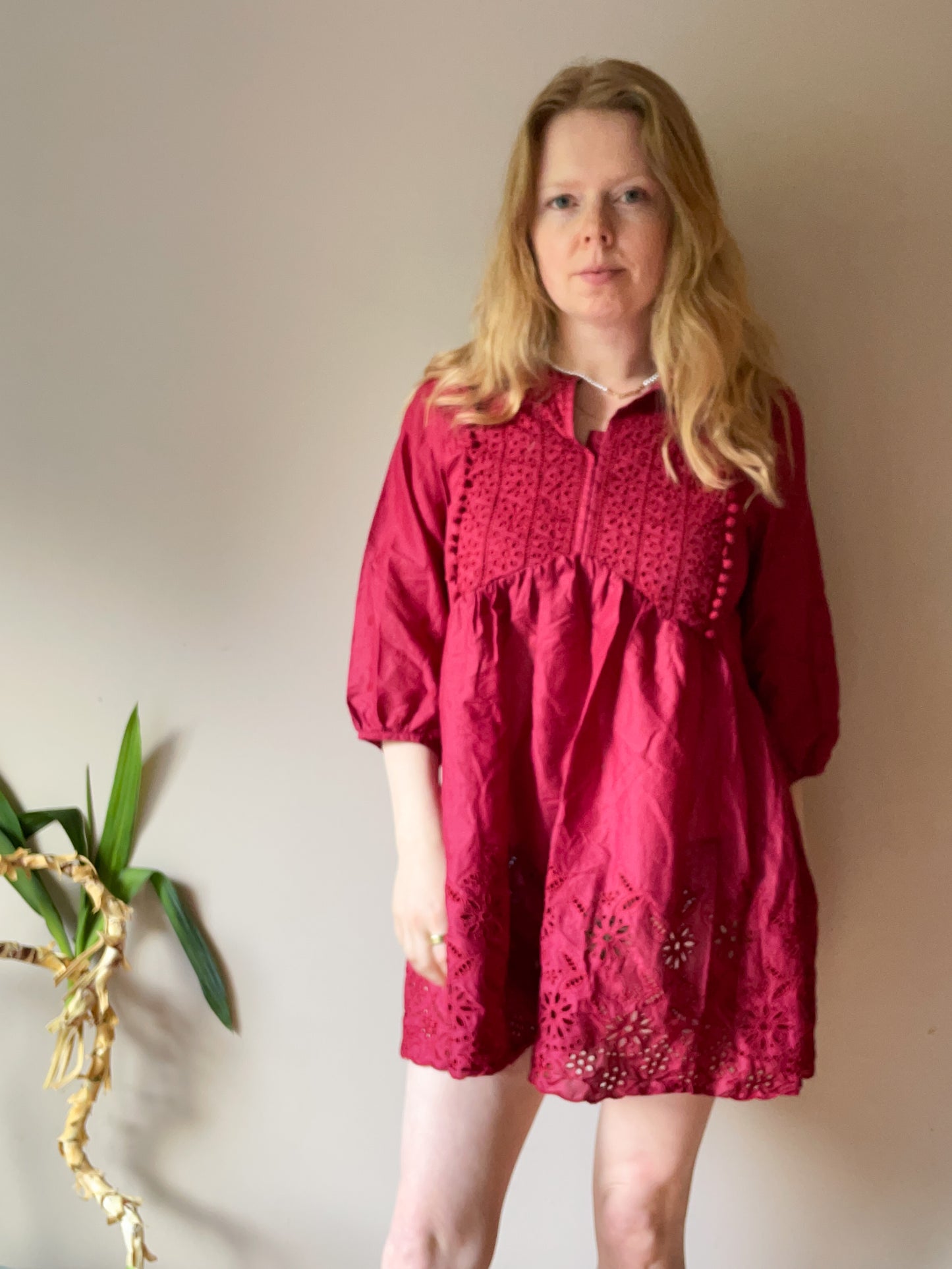 Red Boho Eyelet Cotton Puff Sleeve Mini Dress - Small