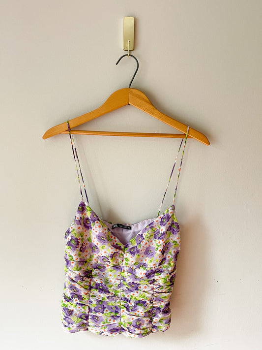 Zara Purple Green Floral Rouched Corset Top - XS