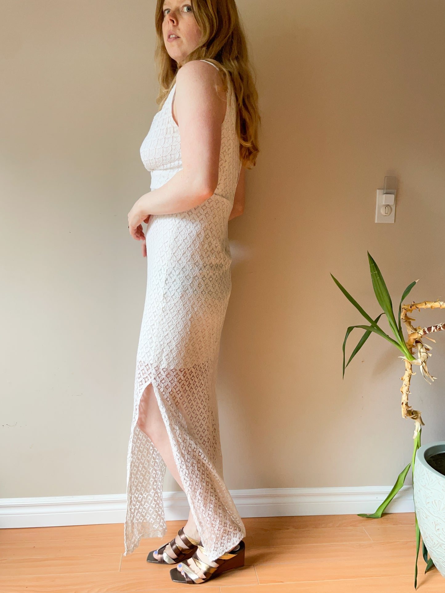 Le Chateau White Lace Maxi Slit Dress - Small