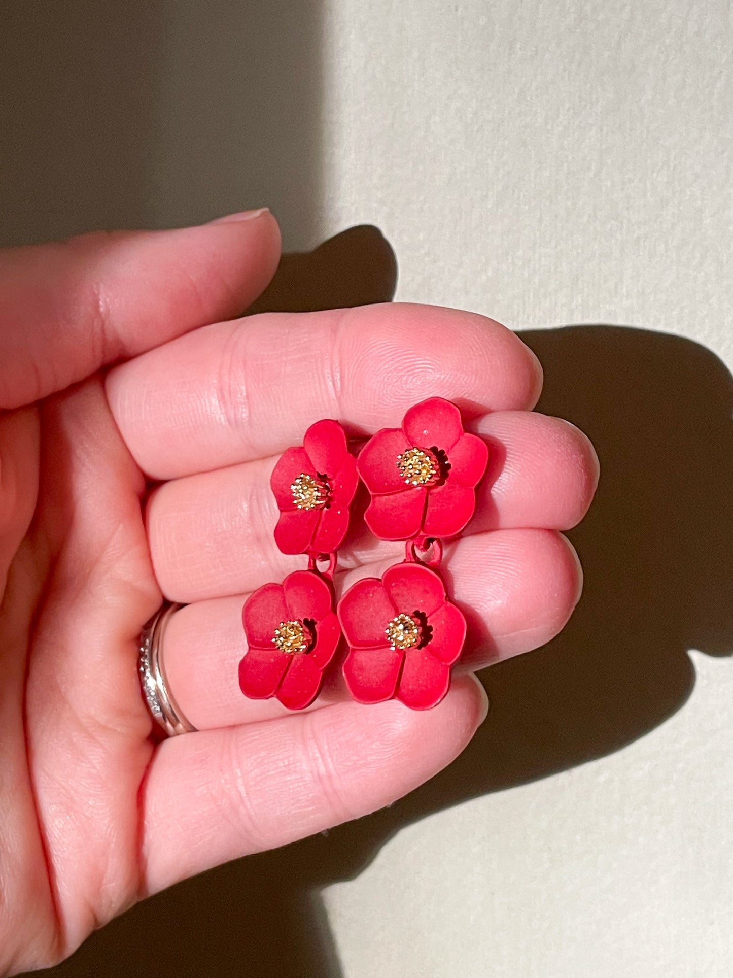 Red Gold Double Flower Dangle Earrings