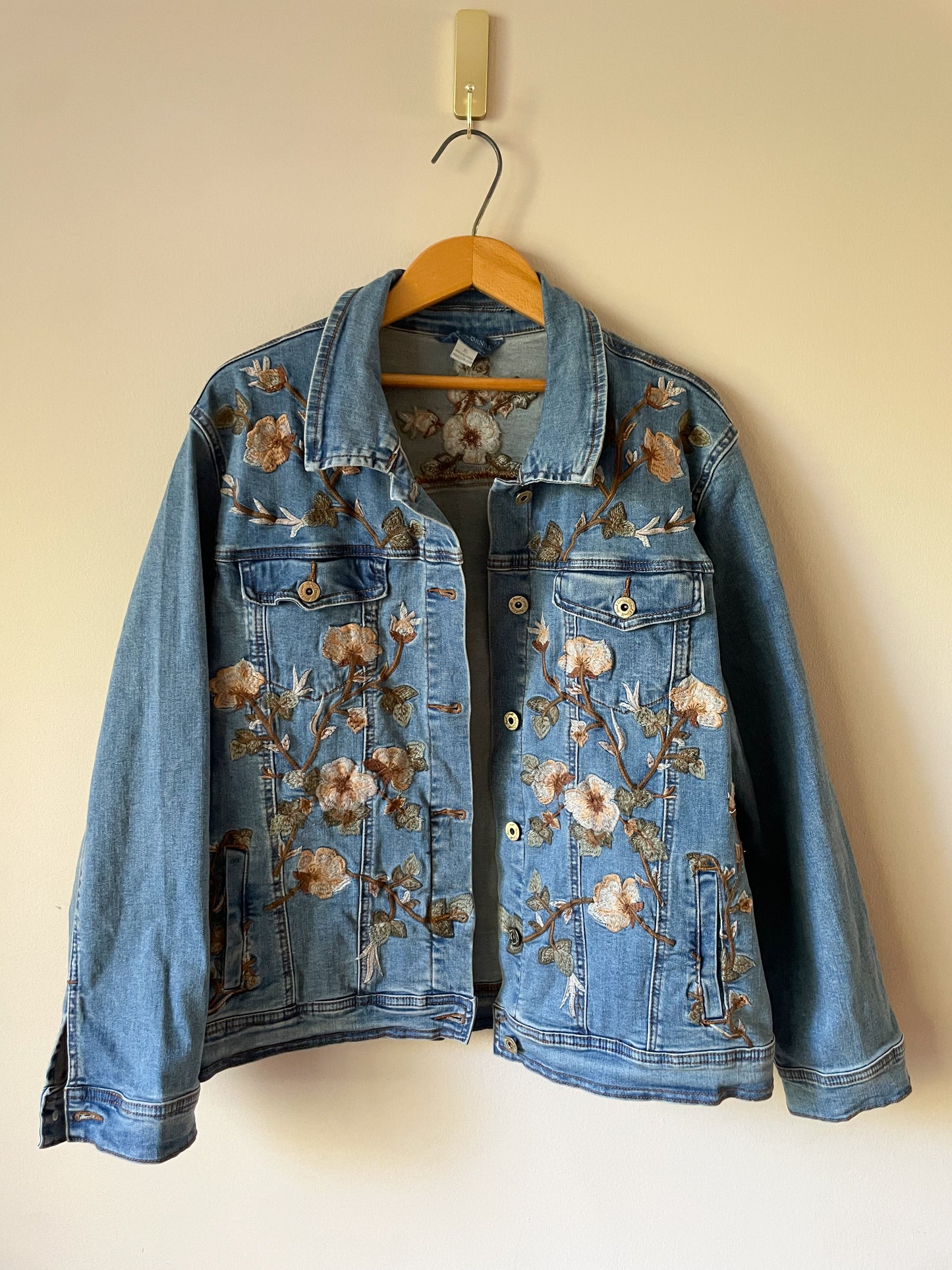 April Cornell Brown Floral Embroidered Jean Jacket - XL