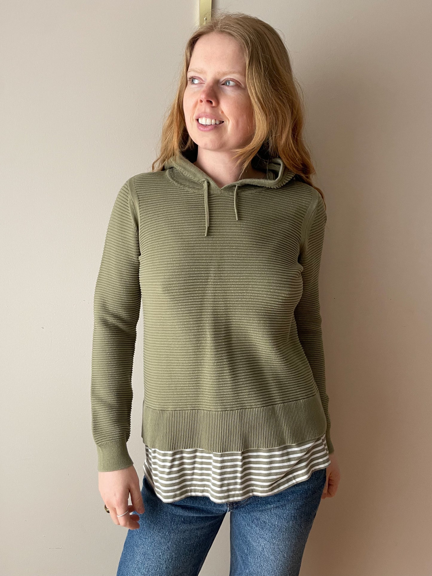 EDC Green Ribbed Organic Cotton Hoodie Sweater - Medium