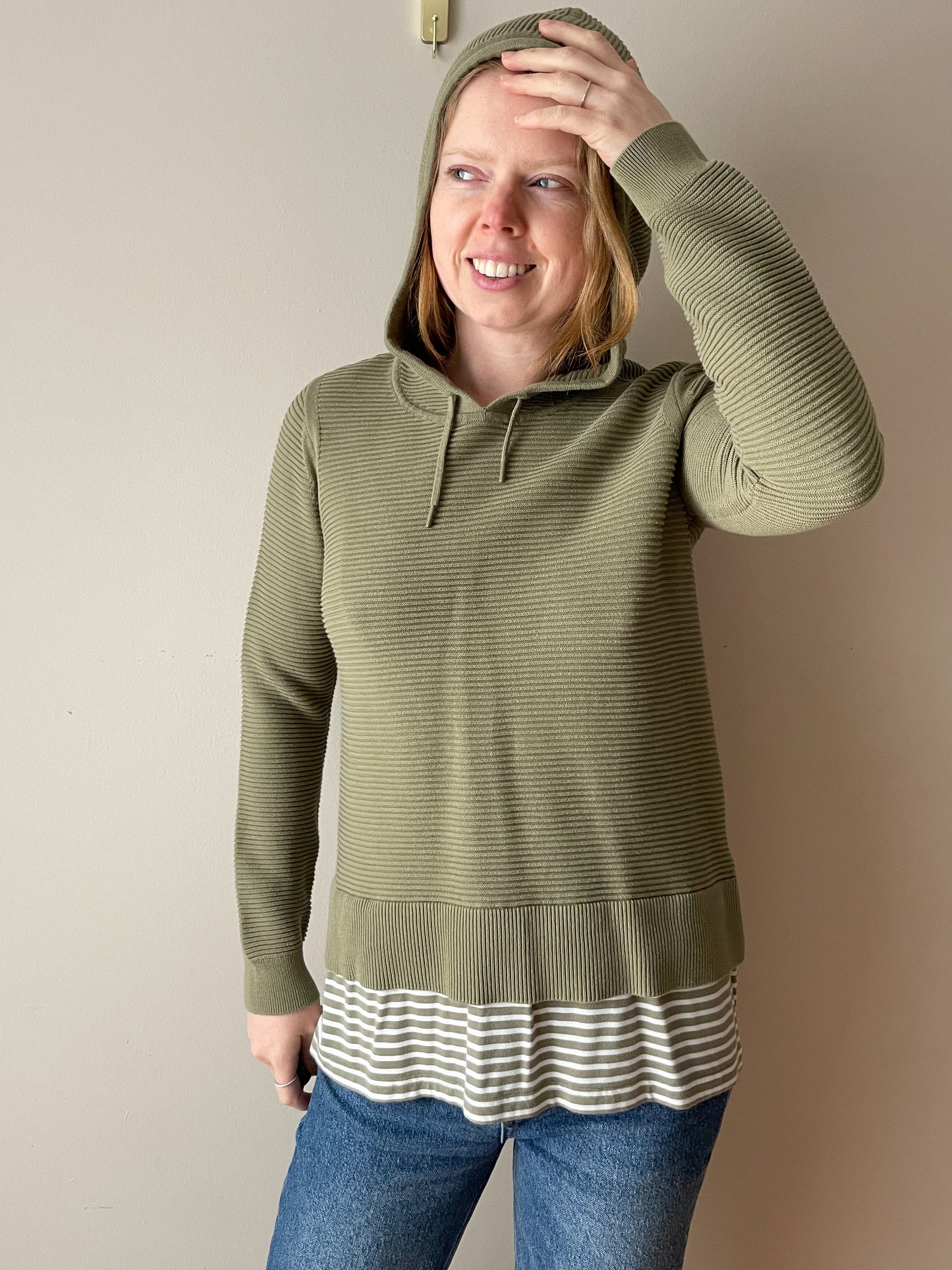 EDC Green Ribbed Organic Cotton Hoodie Sweater - Medium