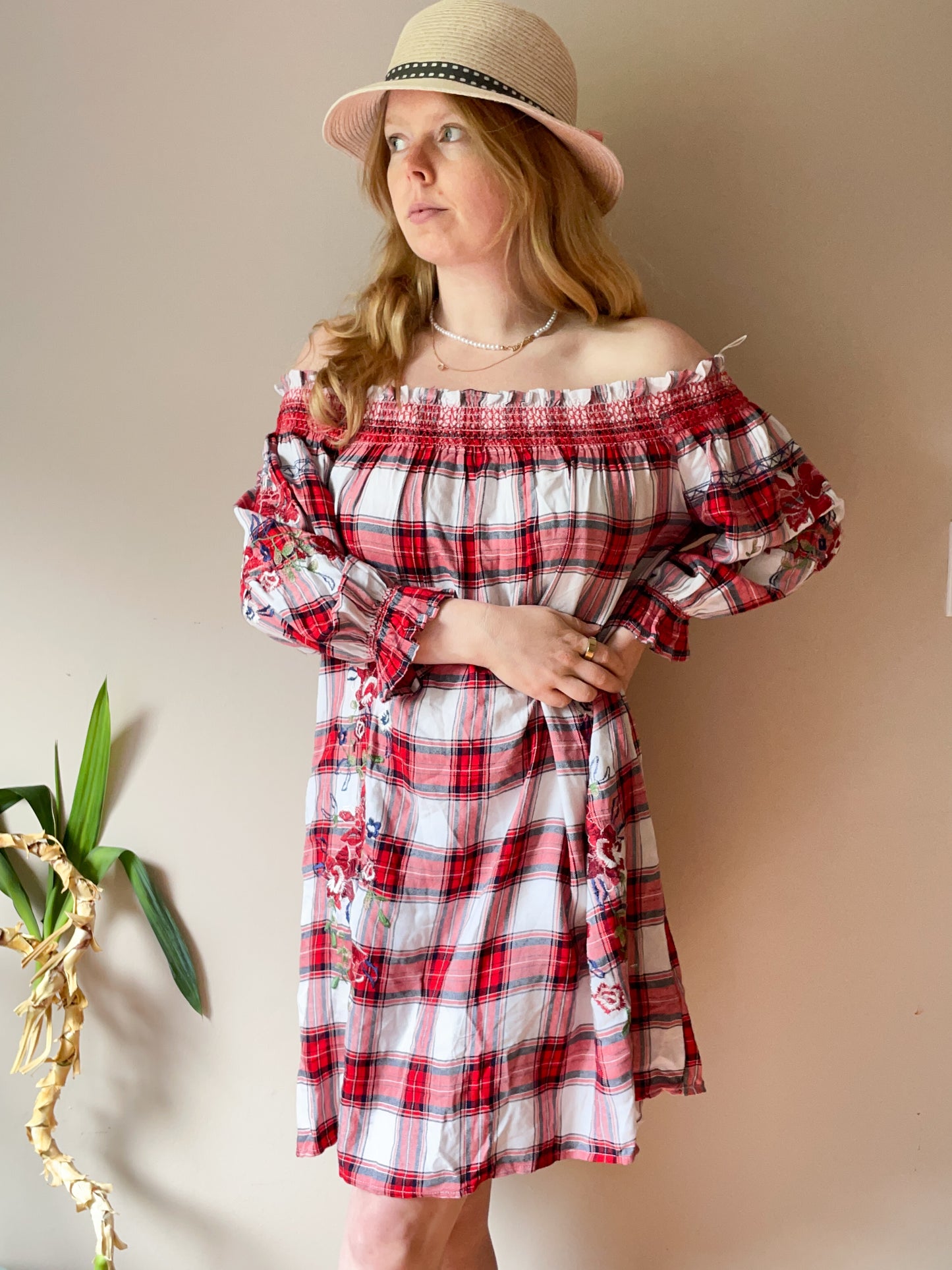 DEX Red Plaid Embroidered Floral Off The Shoulder Dress - S/M