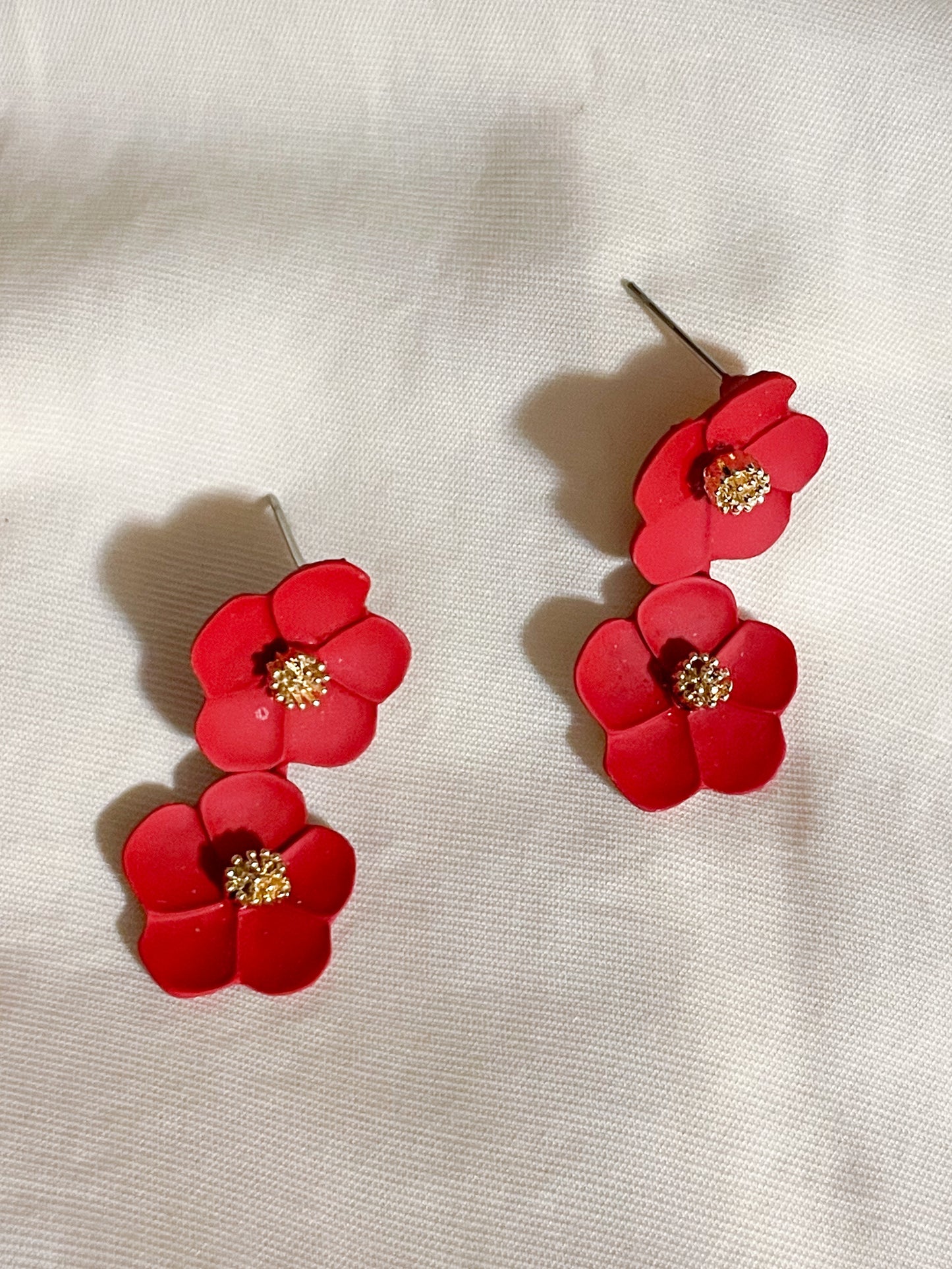 Red Gold Double Flower Dangle Earrings