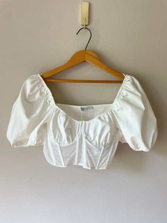 Zara White Sheer Corset Puff Sleeve Cropped Top - Medium