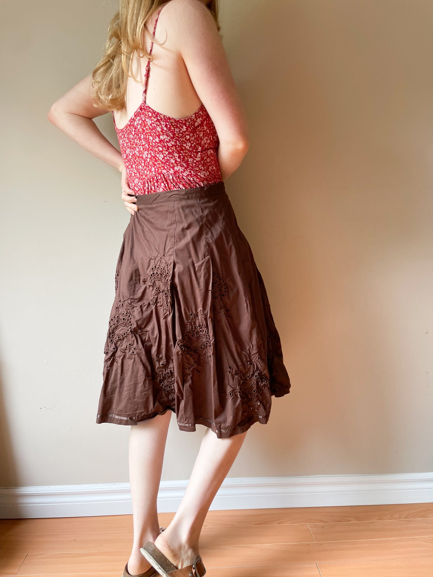 TOGO Brown Eyelet Cotton Stretch A-Line Skirt - Size 12