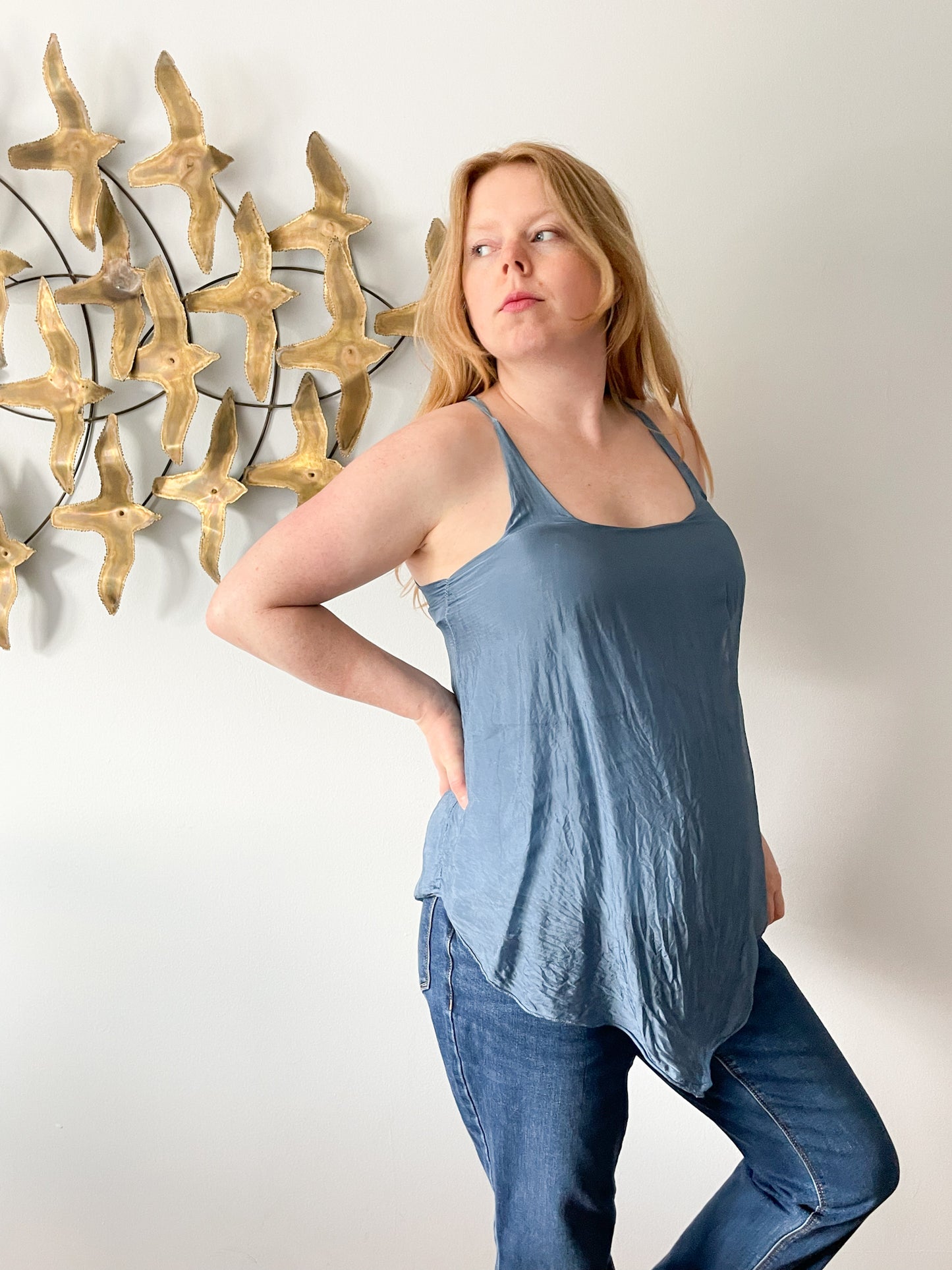 Dusty Blue Halter Silk Flowy Asymmetrical Top - Small