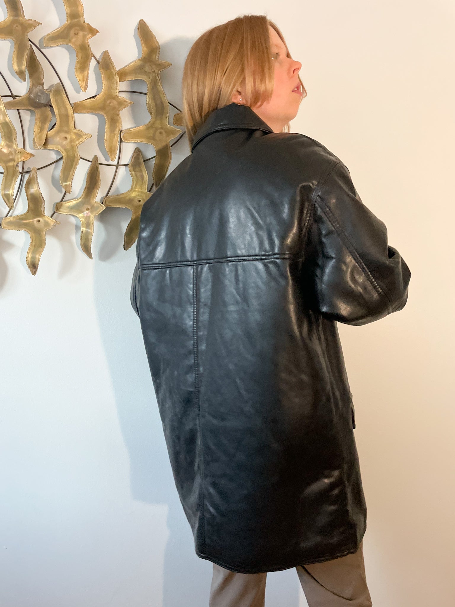 A Callezioni Black Genuine Leather Quilted Lined Collar Button Jacket - L/XL