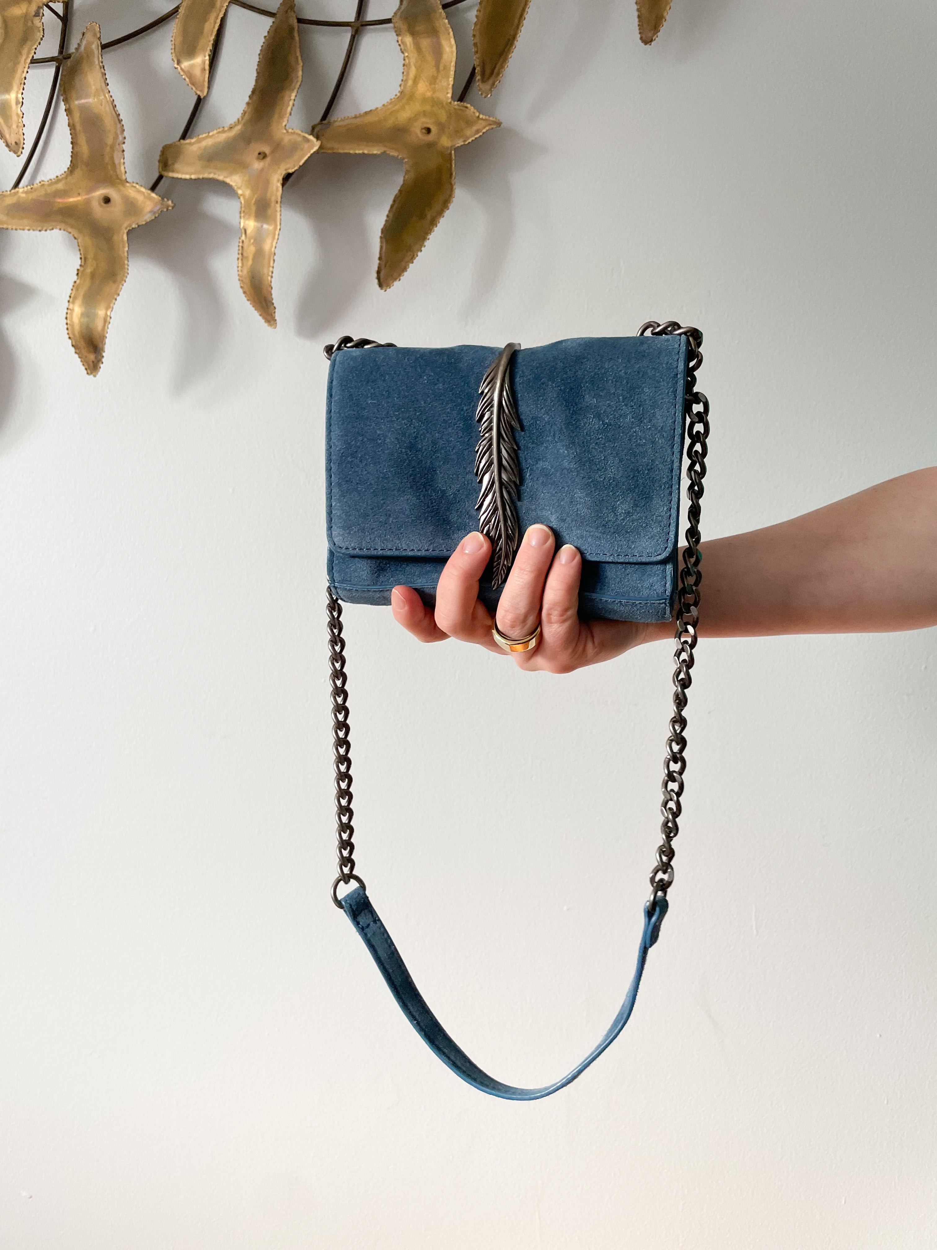 Zara Blue Genuine Suede Chain Feather Crossbody Shoulder Bag Le