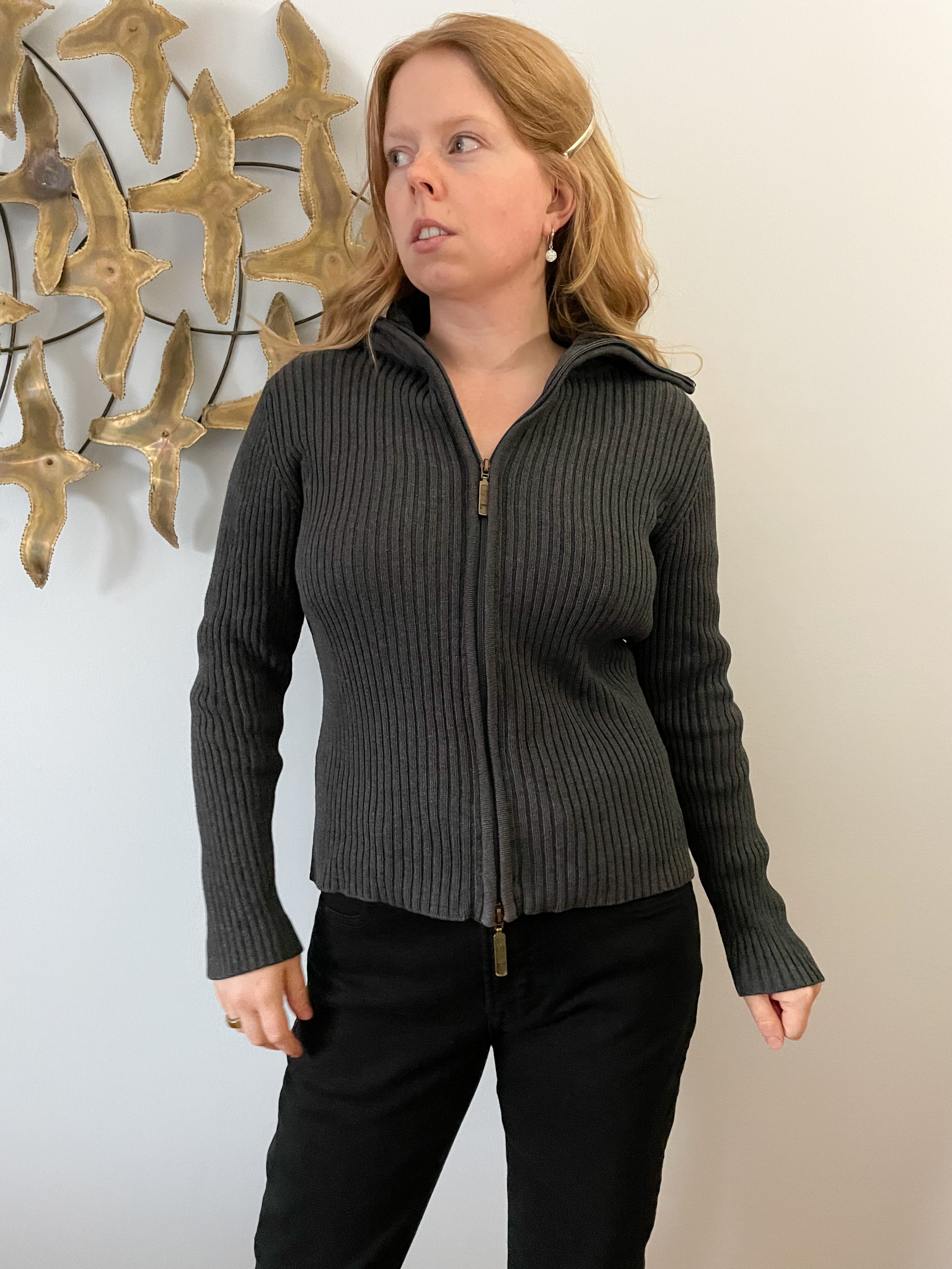 Charcoal Grey Ribbed Cotton Zip Up Sweater M L Le Prix Fashion Consulting