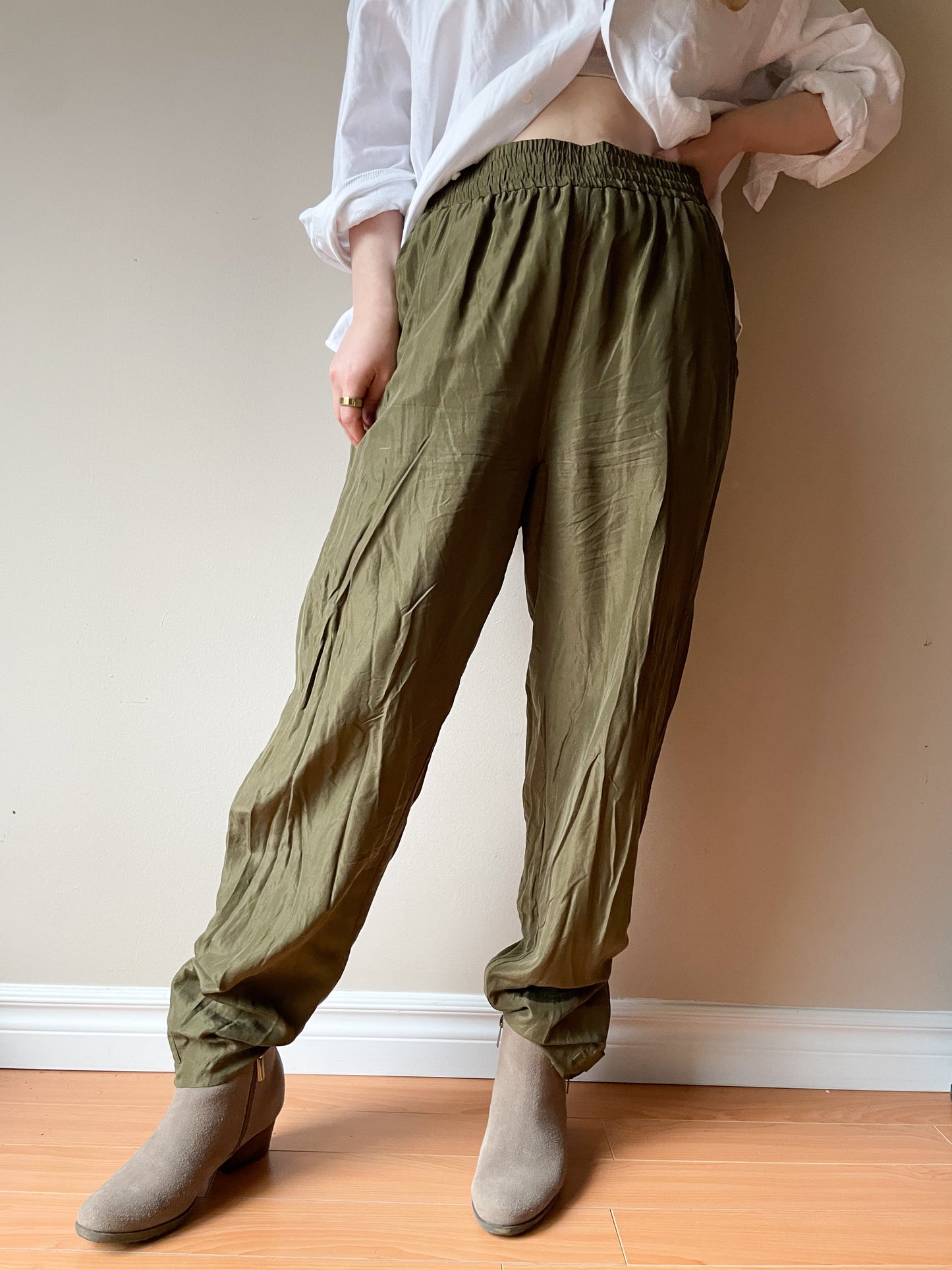 Vintage Olive Green 100% Silk Jogger Pants - Medium