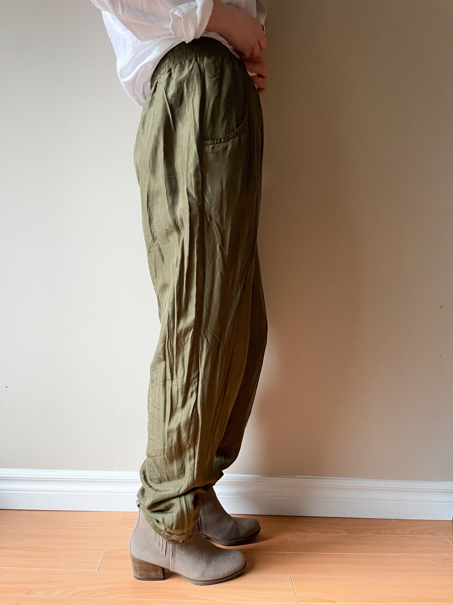 Vintage Olive Green 100% Silk Jogger Pants - Medium