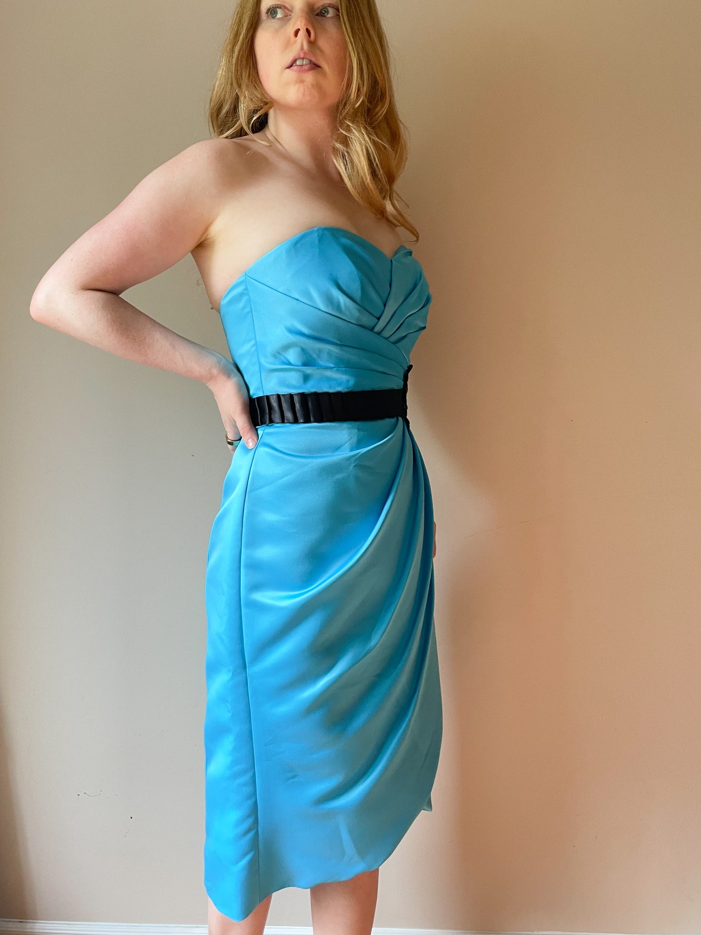 Morilee Blue Sweetheart Strapless Wrap Style Cocktail Dress - Size 6/8